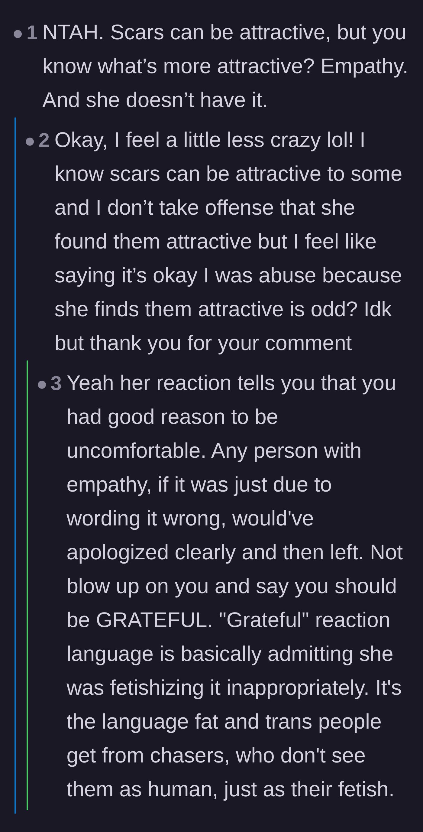 Comment thread 1 - A deep discussion about the difference between finding someone attractive and fetishizing their trauma.