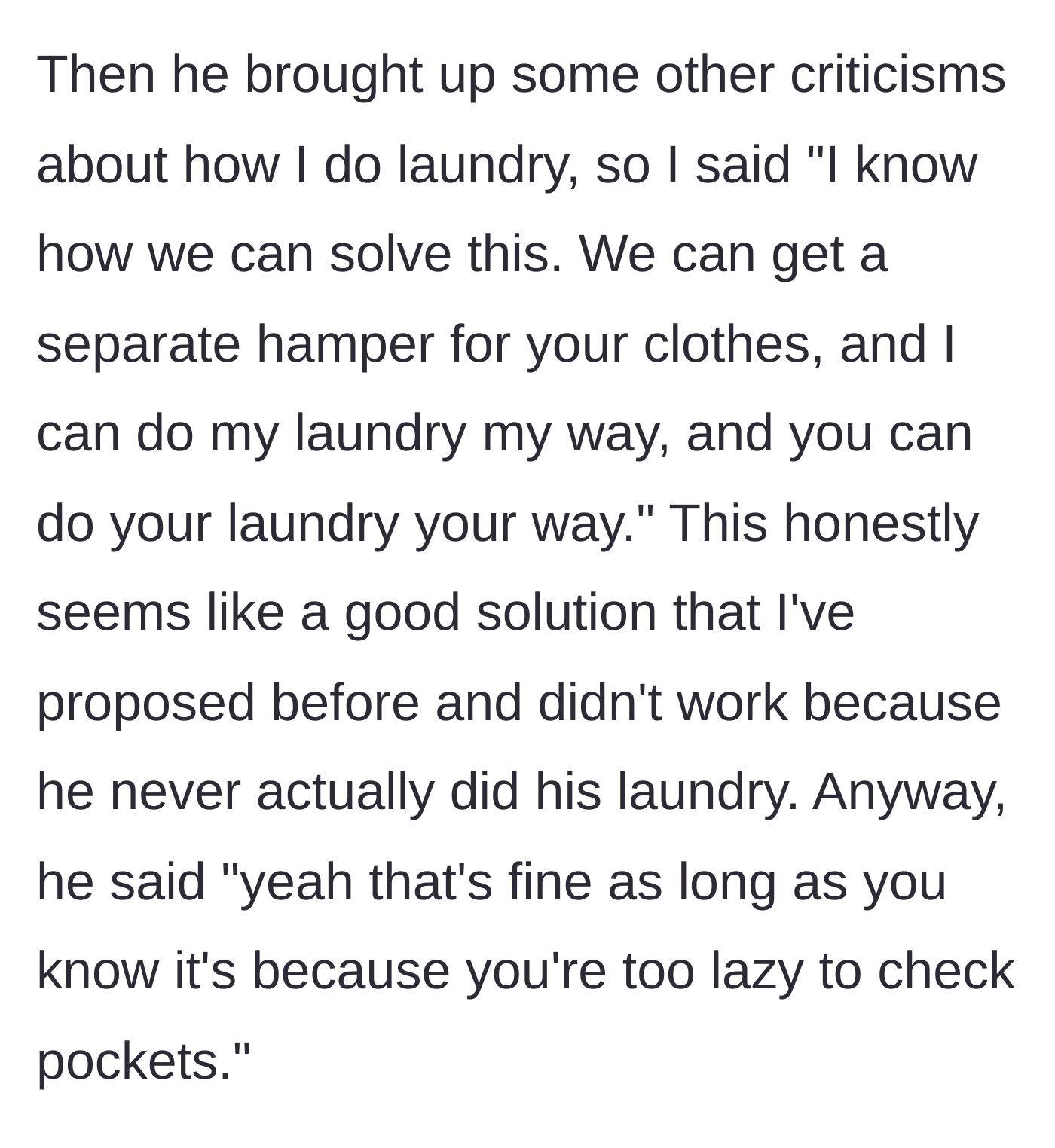 Story part 5 - The main character proposes separate hampers, which he accepts only while insulting her work ethic again.
