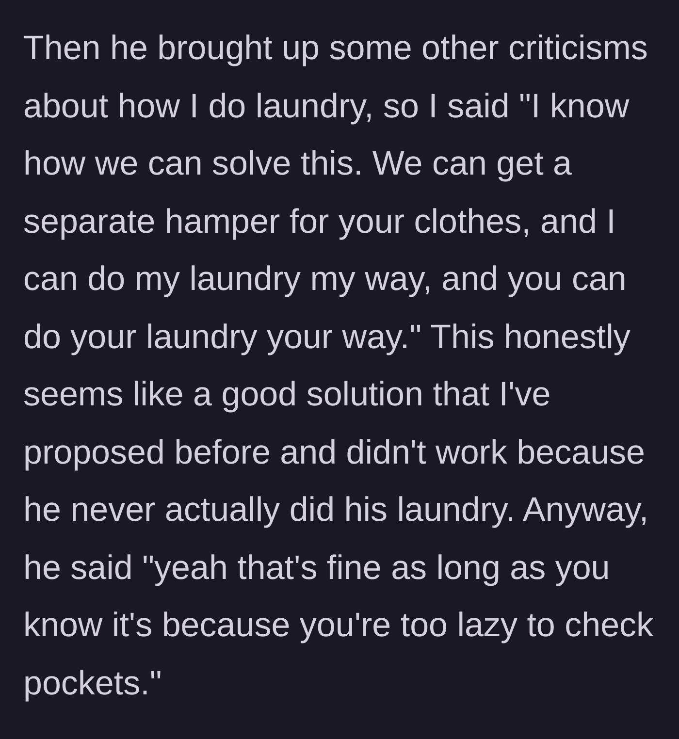 Story part 5 - The main character proposes separate hampers, which he accepts only while insulting her work ethic again.