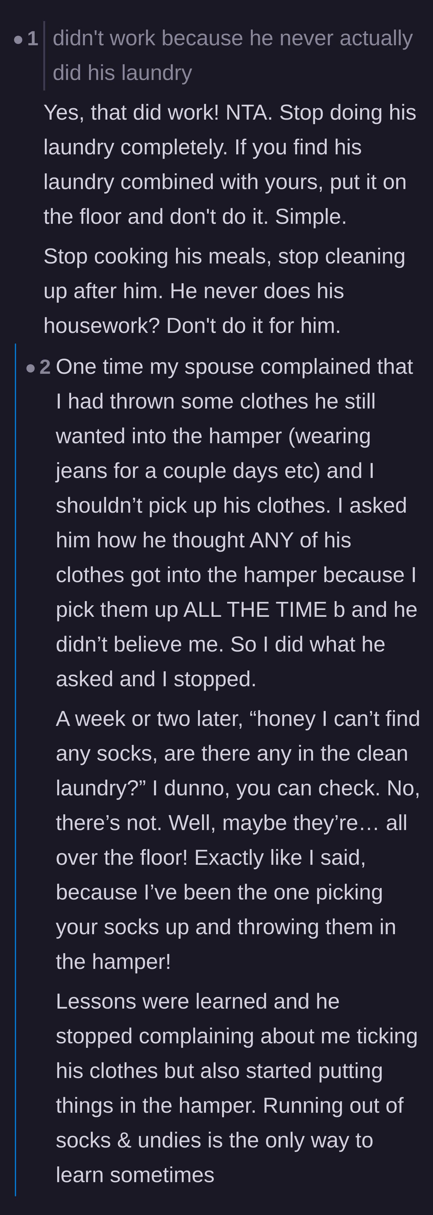 Comment thread 3 - Anecdotes and advice on letting a partner suffer the natural consequences of not doing their own laundry.