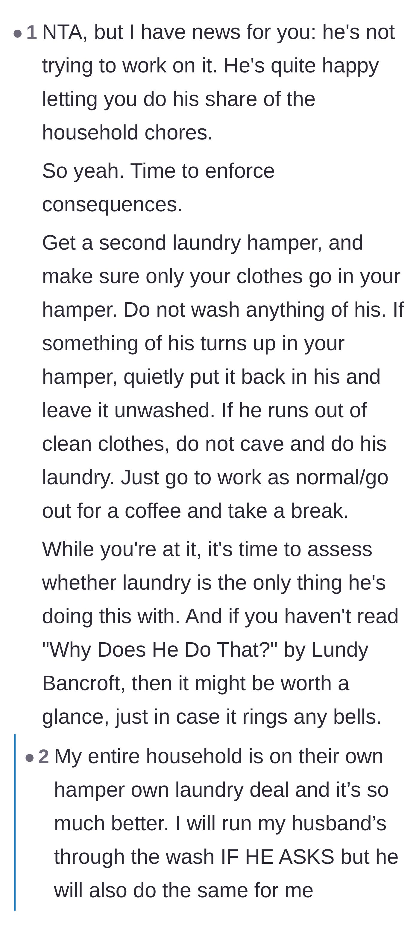 Comment thread 6 - Advice to strictly enforce the separate hamper rule and reevaluate the relationship's unhealthy dynamics.