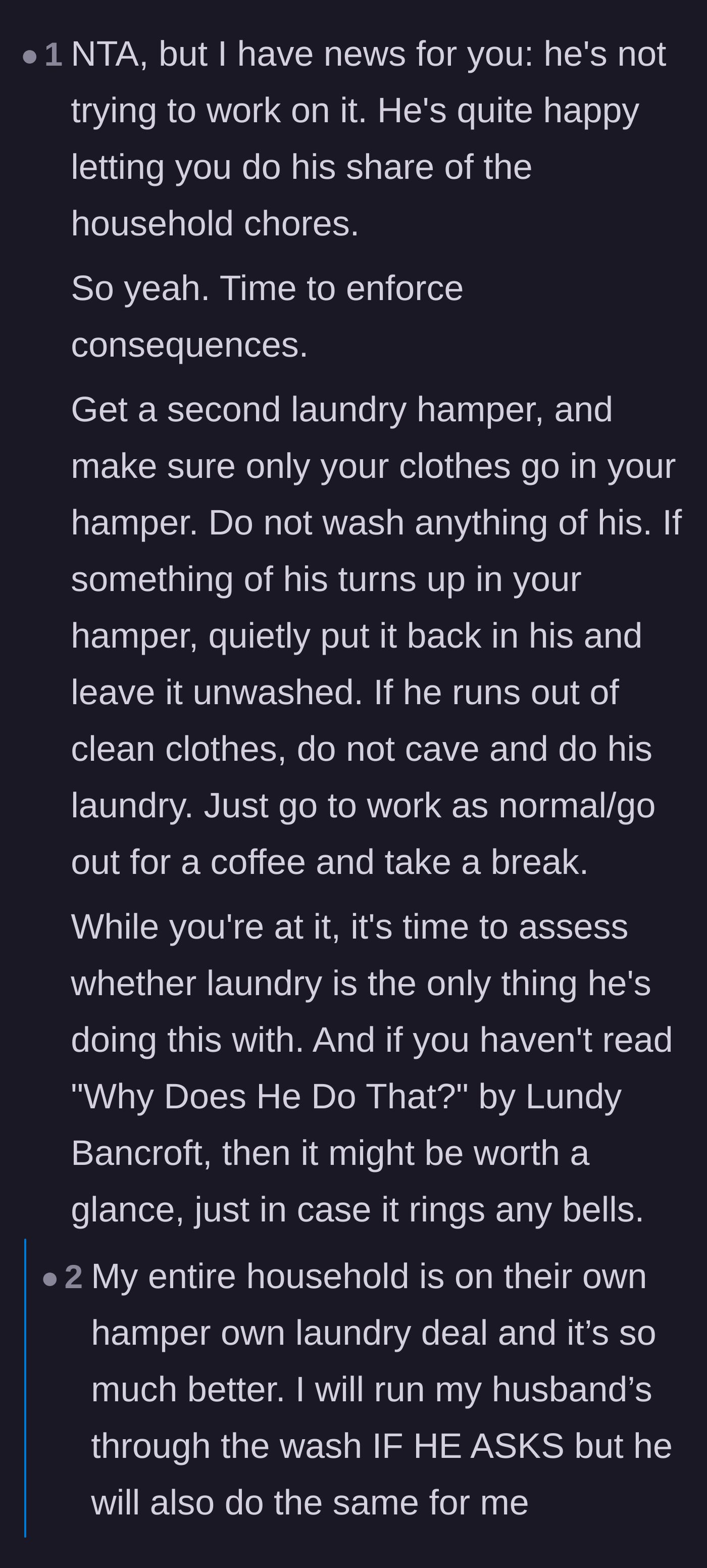 Comment thread 6 - Advice to strictly enforce the separate hamper rule and reevaluate the relationship's unhealthy dynamics.