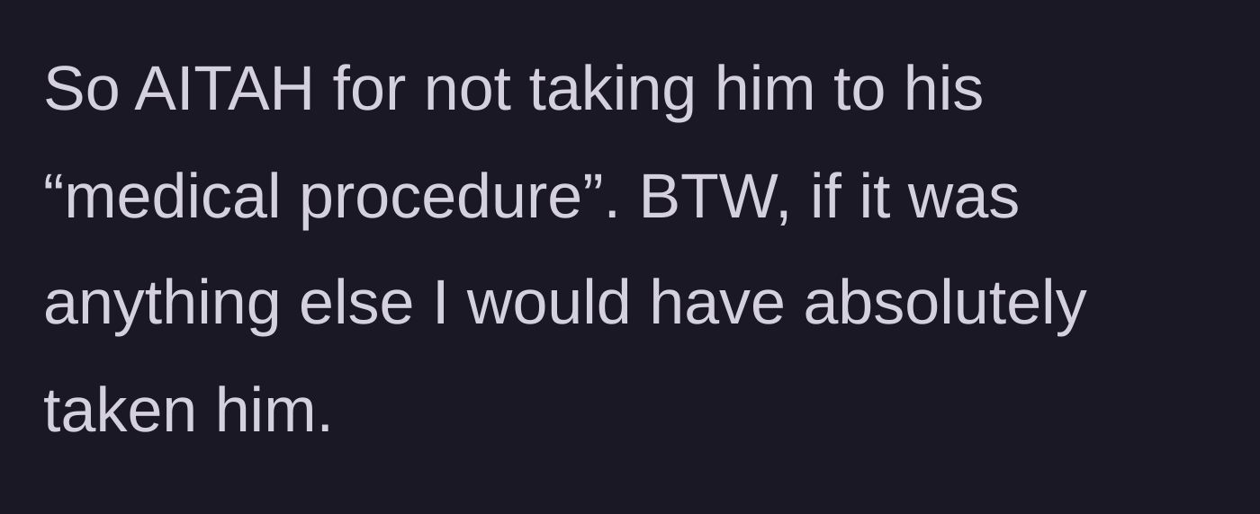 Story part 4 - The main character questions her stance, noting she would help him for any other medical issue.