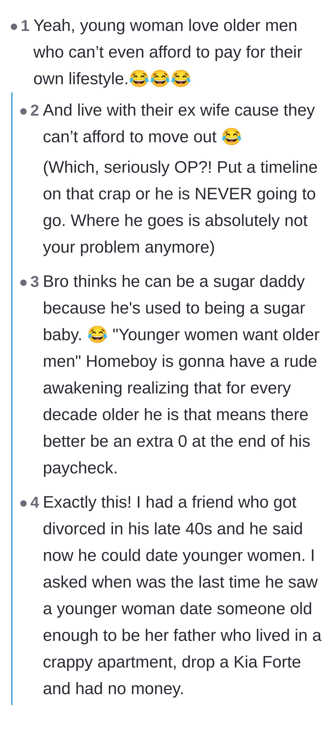 Comment thread 1 - Readers mocking the husband's delusion that young women want an older man with no money who lives with his ex-wife.