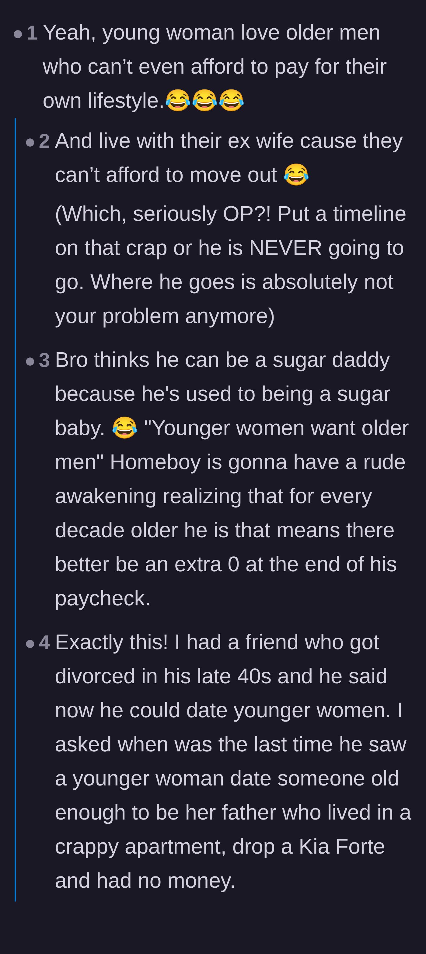 Comment thread 1 - Readers mocking the husband's delusion that young women want an older man with no money who lives with his ex-wife.