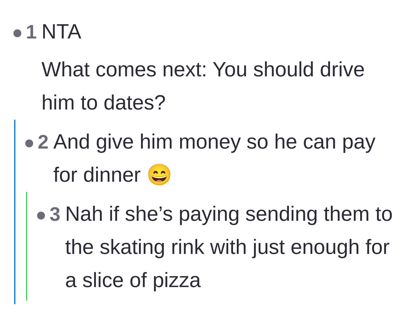 Comment thread 3 - A sarcastic exchange suggesting the wife should also drive the husband to his dates and pay for his dinners.