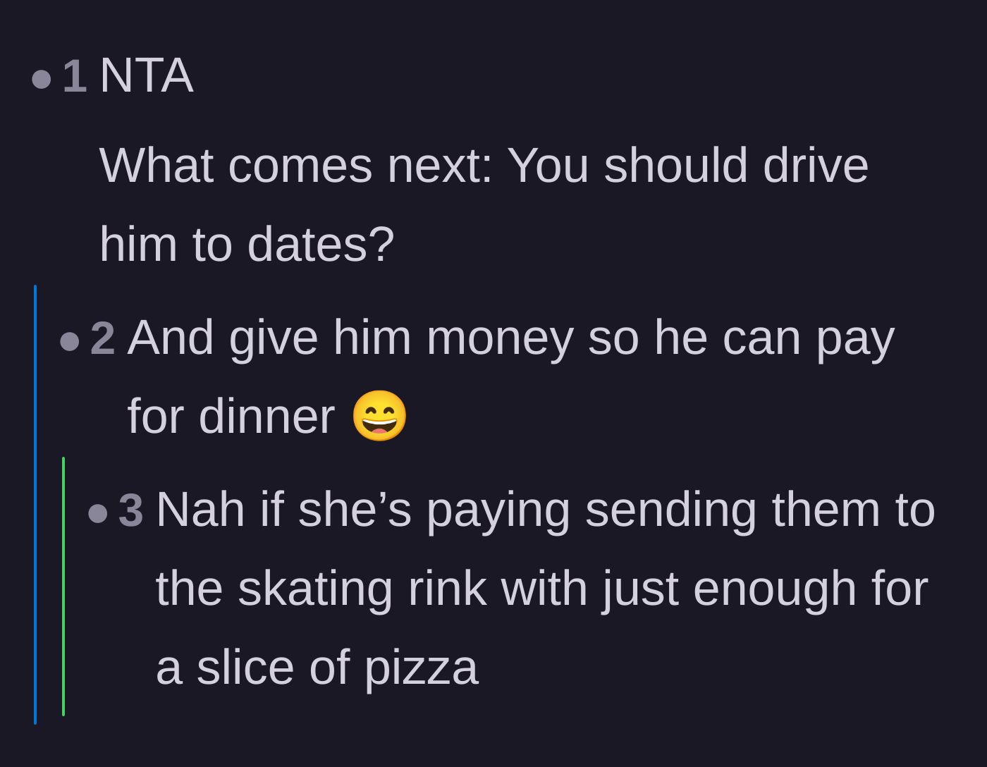 Comment thread 3 - A sarcastic exchange suggesting the wife should also drive the husband to his dates and pay for his dinners.