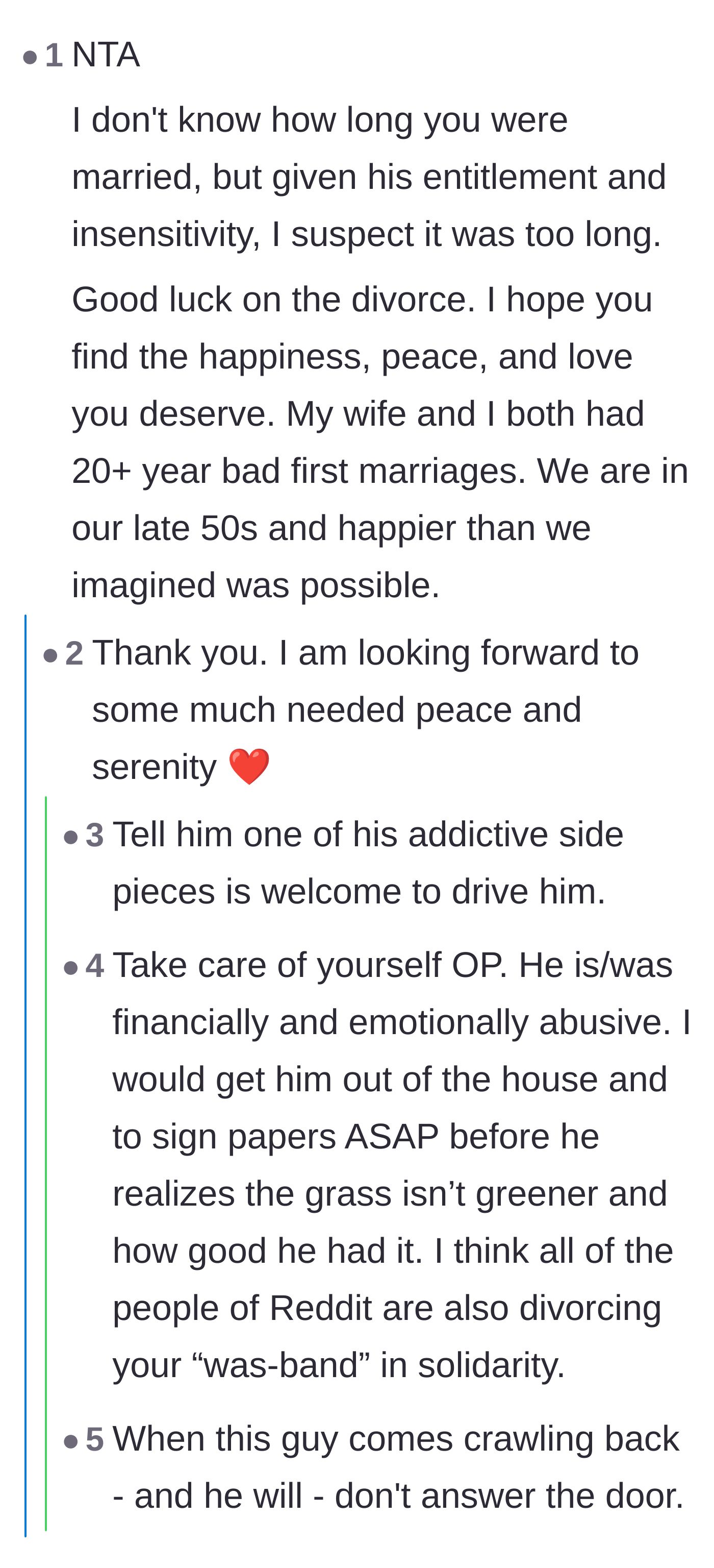Comment thread 4 - Supportive comments congratulating the author on escaping a long, abusive marriage and warning her not to take him back.