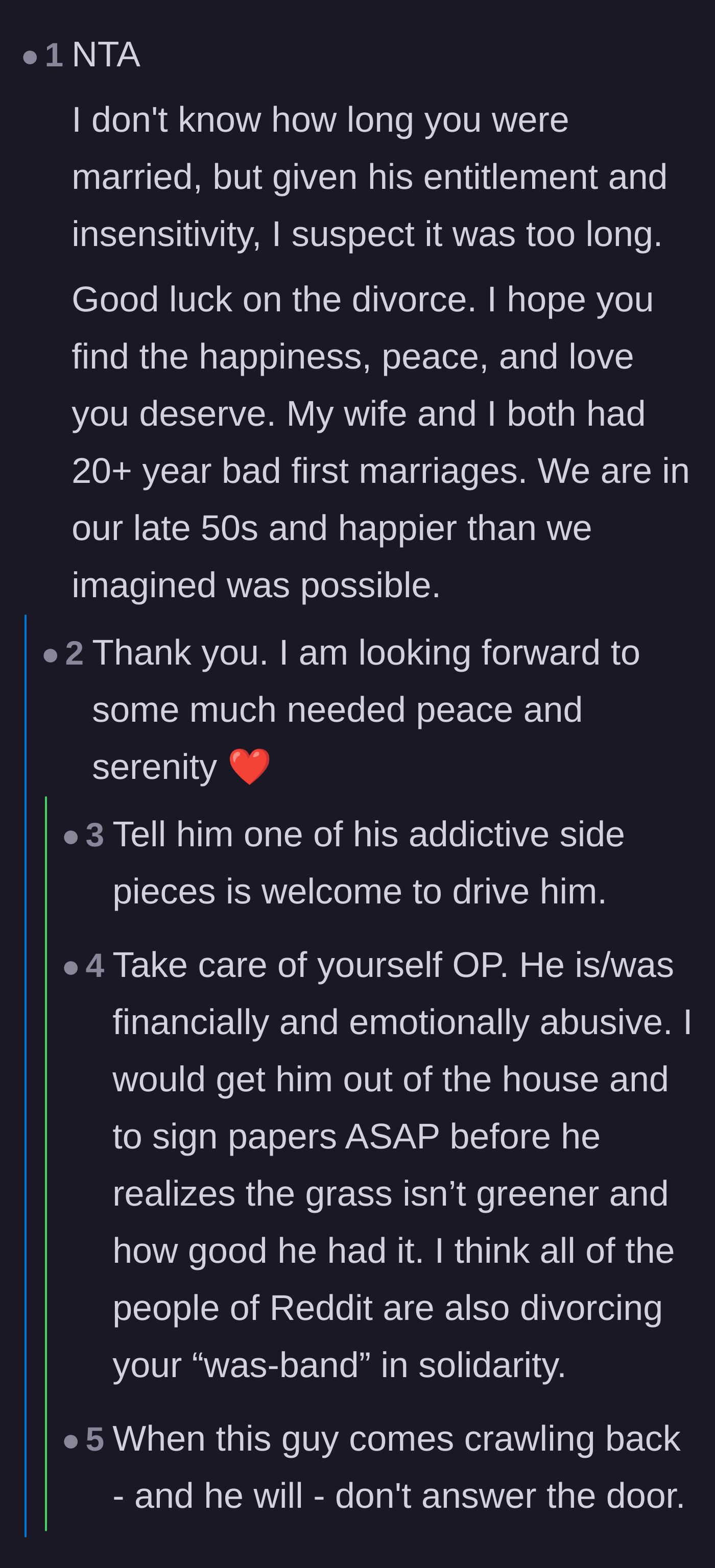 Comment thread 4 - Supportive comments congratulating the author on escaping a long, abusive marriage and warning her not to take him back.