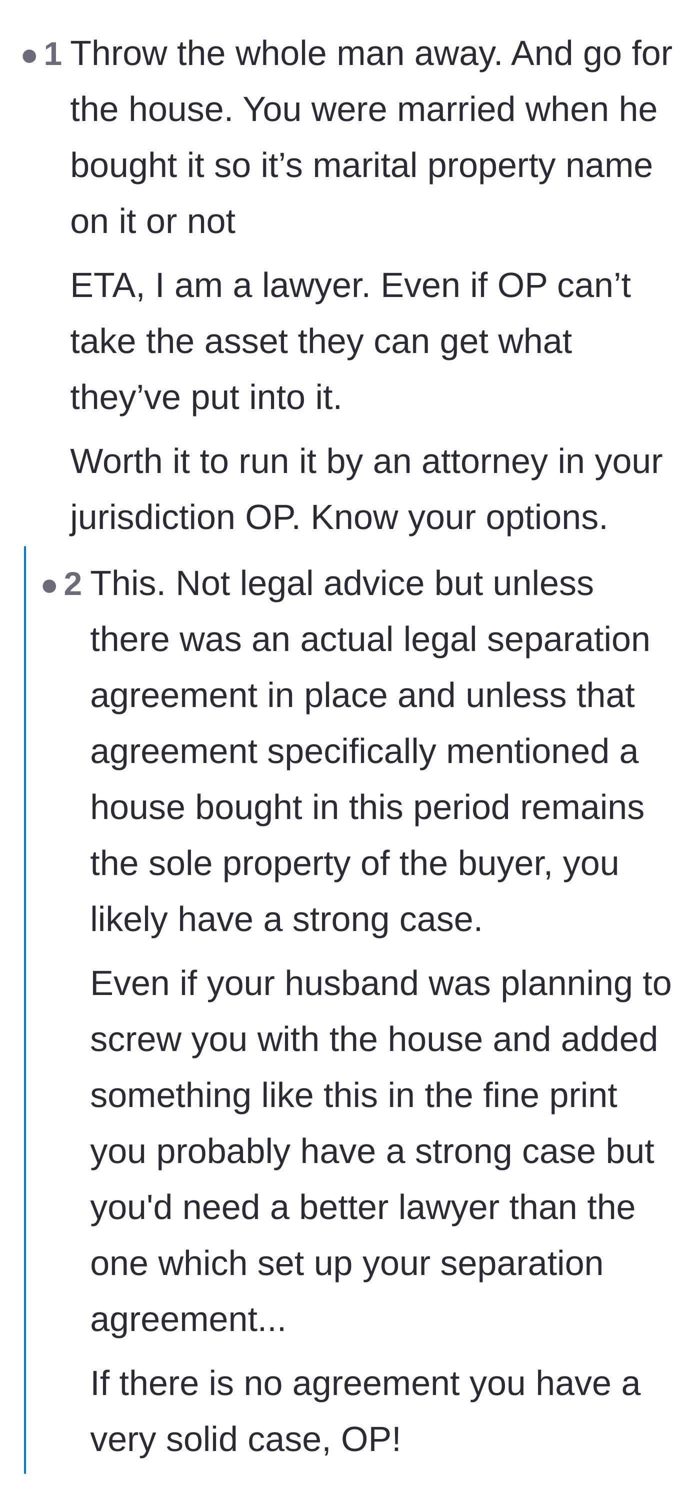 Comment thread 1 - Advice on consulting a lawyer about marital property laws and keeping receipts for all mortgage payments.