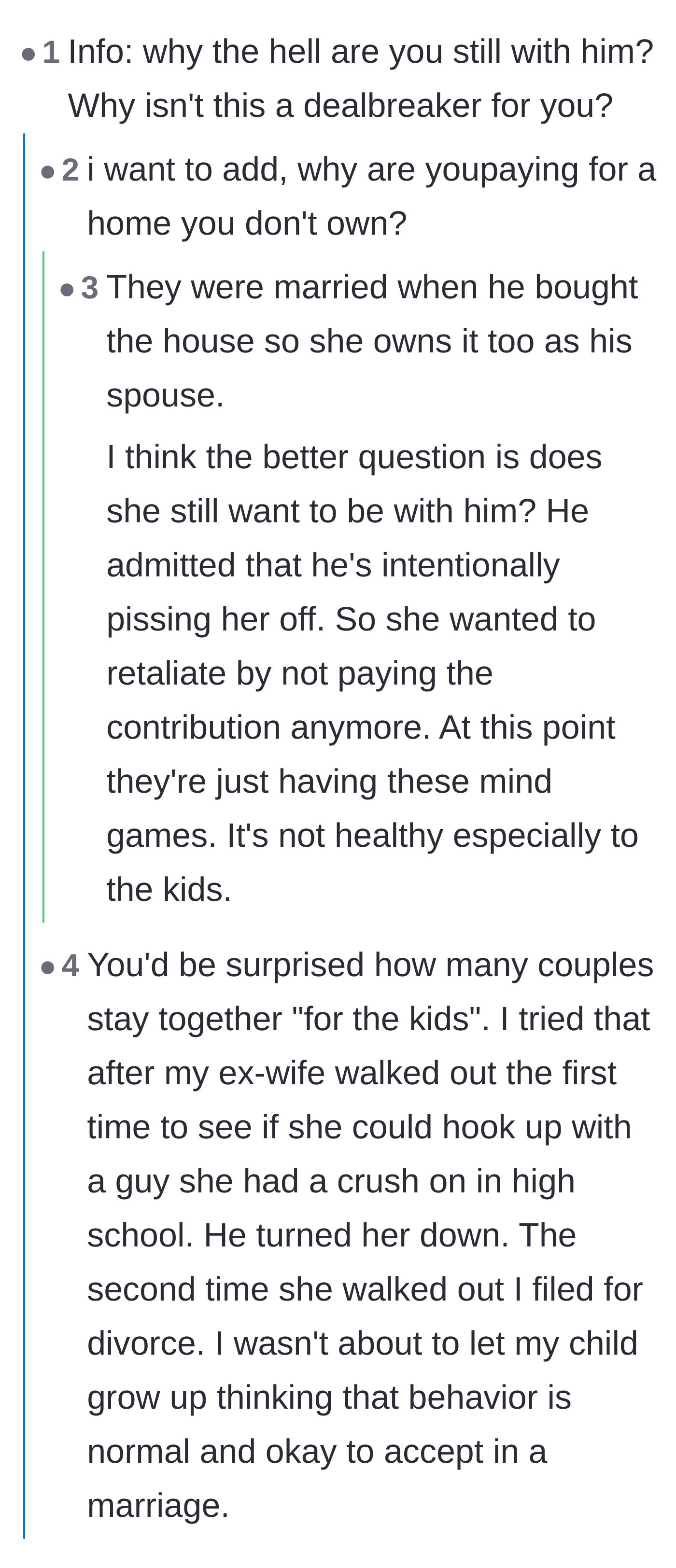 Comment thread 2 - Readers questioning why she is still in the relationship and debating the legal ownership of the house.