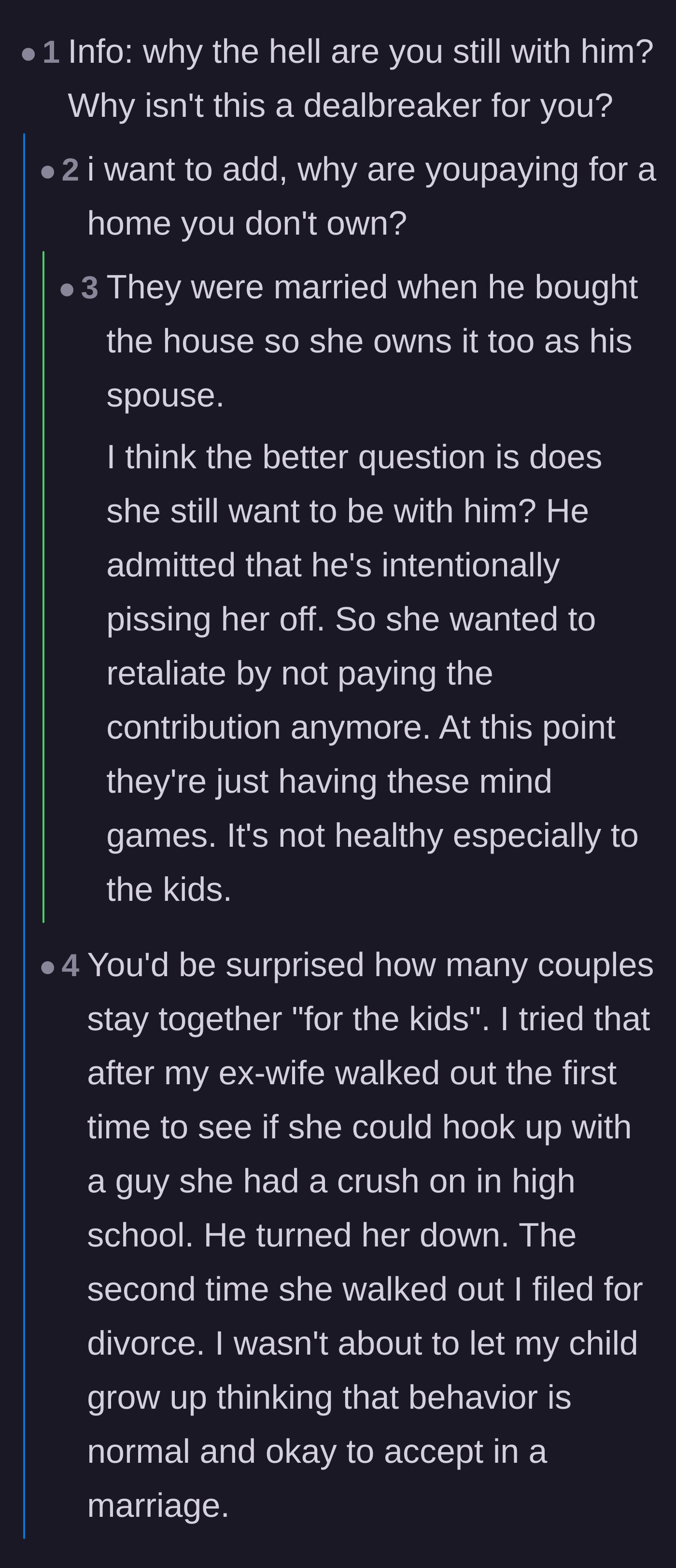 Comment thread 2 - Readers questioning why she is still in the relationship and debating the legal ownership of the house.