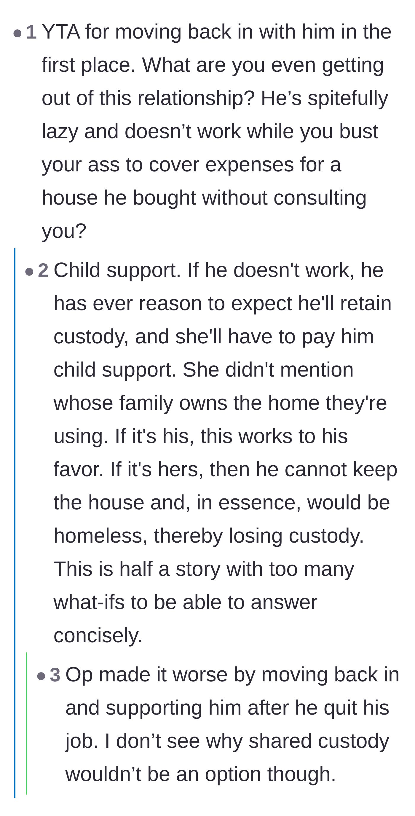 Comment thread 4 - A debate about child support, custody logistics, and why the husband wouldn't easily win full custody.