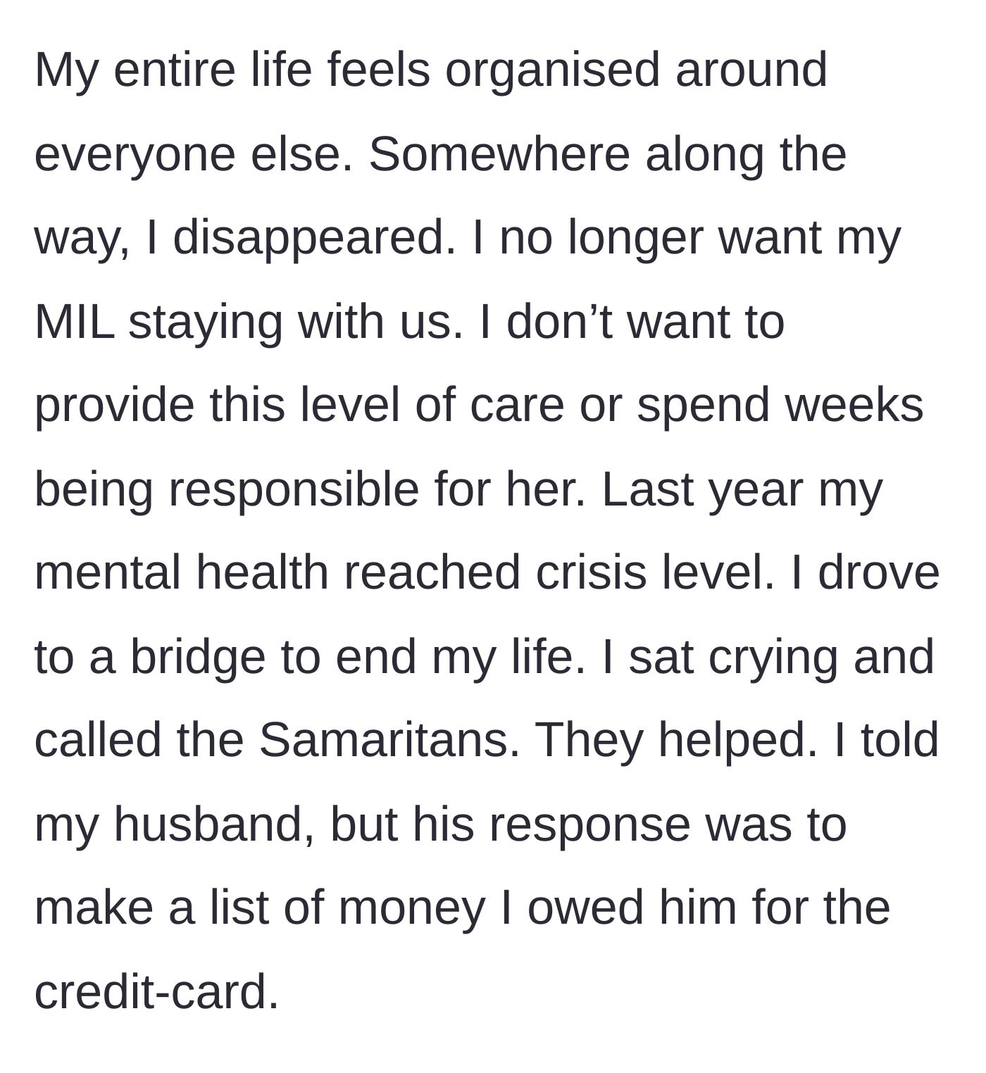Story part 5 - The author reveals a severe mental health crisis that led her to a bridge, and her husband's unimaginably cold response of handing her a list of credit card debts.