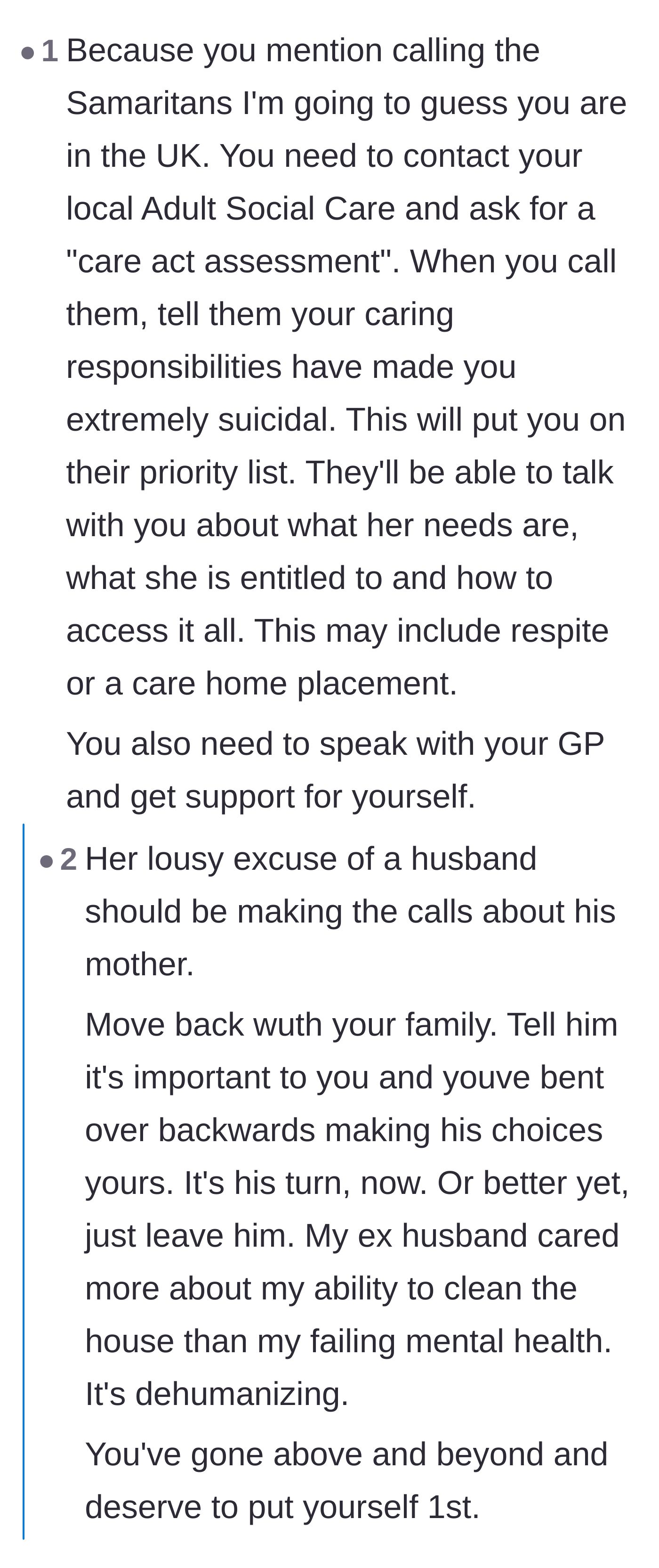 Comment thread 1 - Readers advise the author to contact Adult Social Care and point out that her daughter is learning dangerous lessons about self-sacrifice.