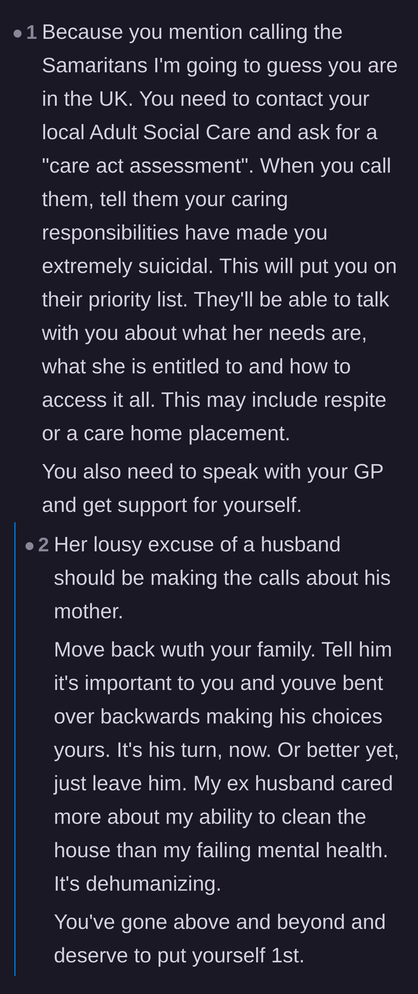 Comment thread 1 - Readers advise the author to contact Adult Social Care and point out that her daughter is learning dangerous lessons about self-sacrifice.