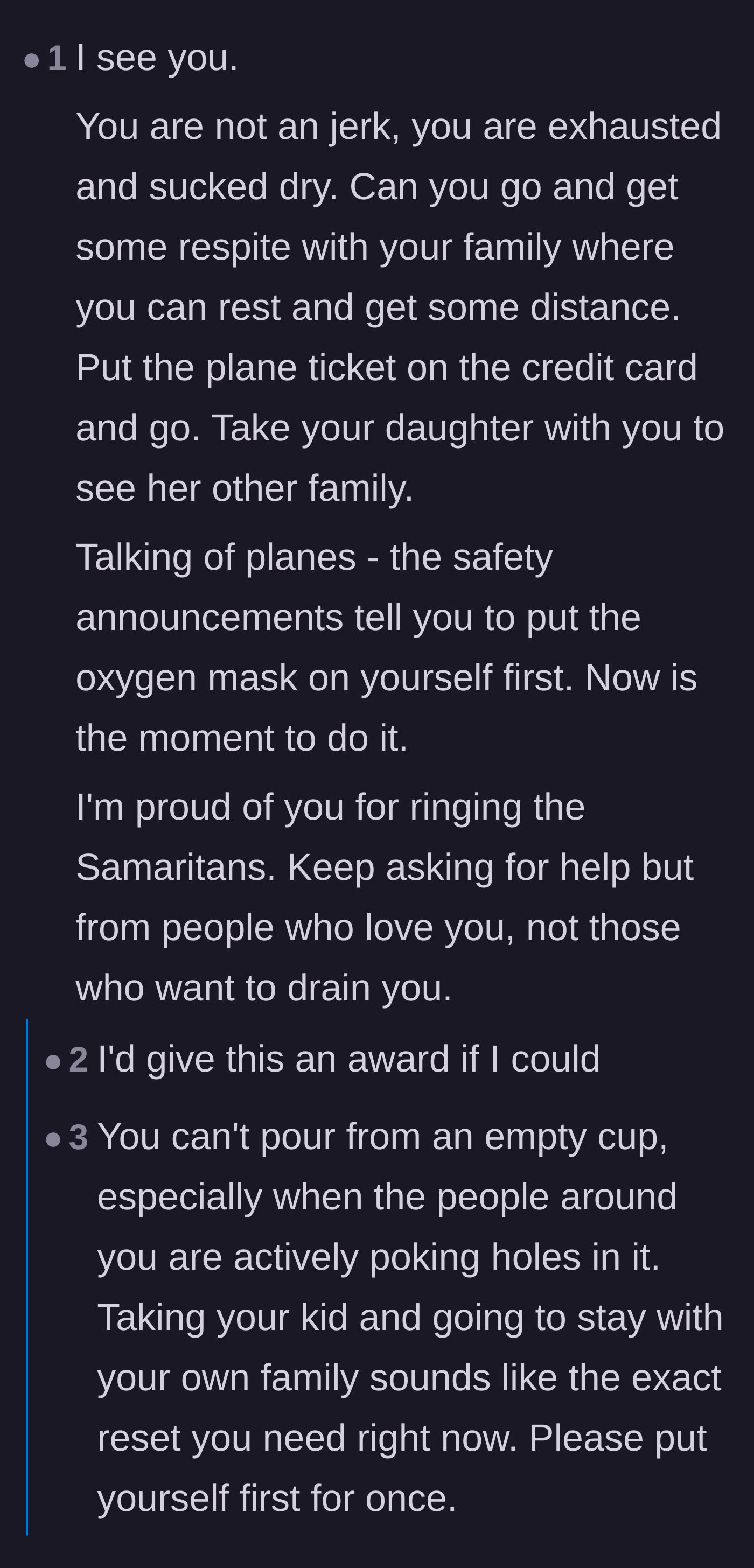 Comment thread 2 - A commenter uses the airplane oxygen mask metaphor to urge the author to take a break with her family.