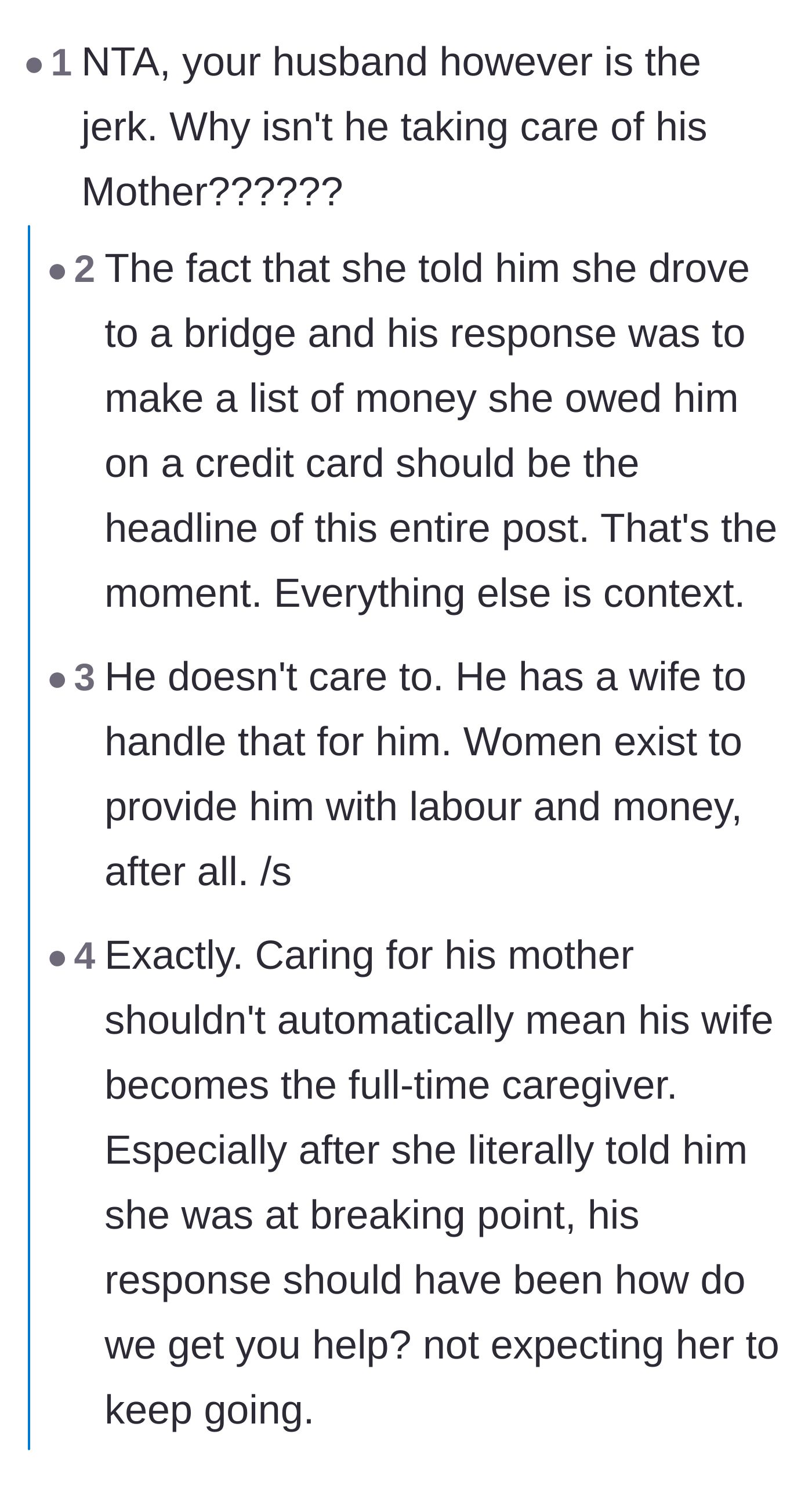 Comment thread 3 - Readers express absolute horror over the husband tallying credit card debt after his wife confessed to being suicidal.