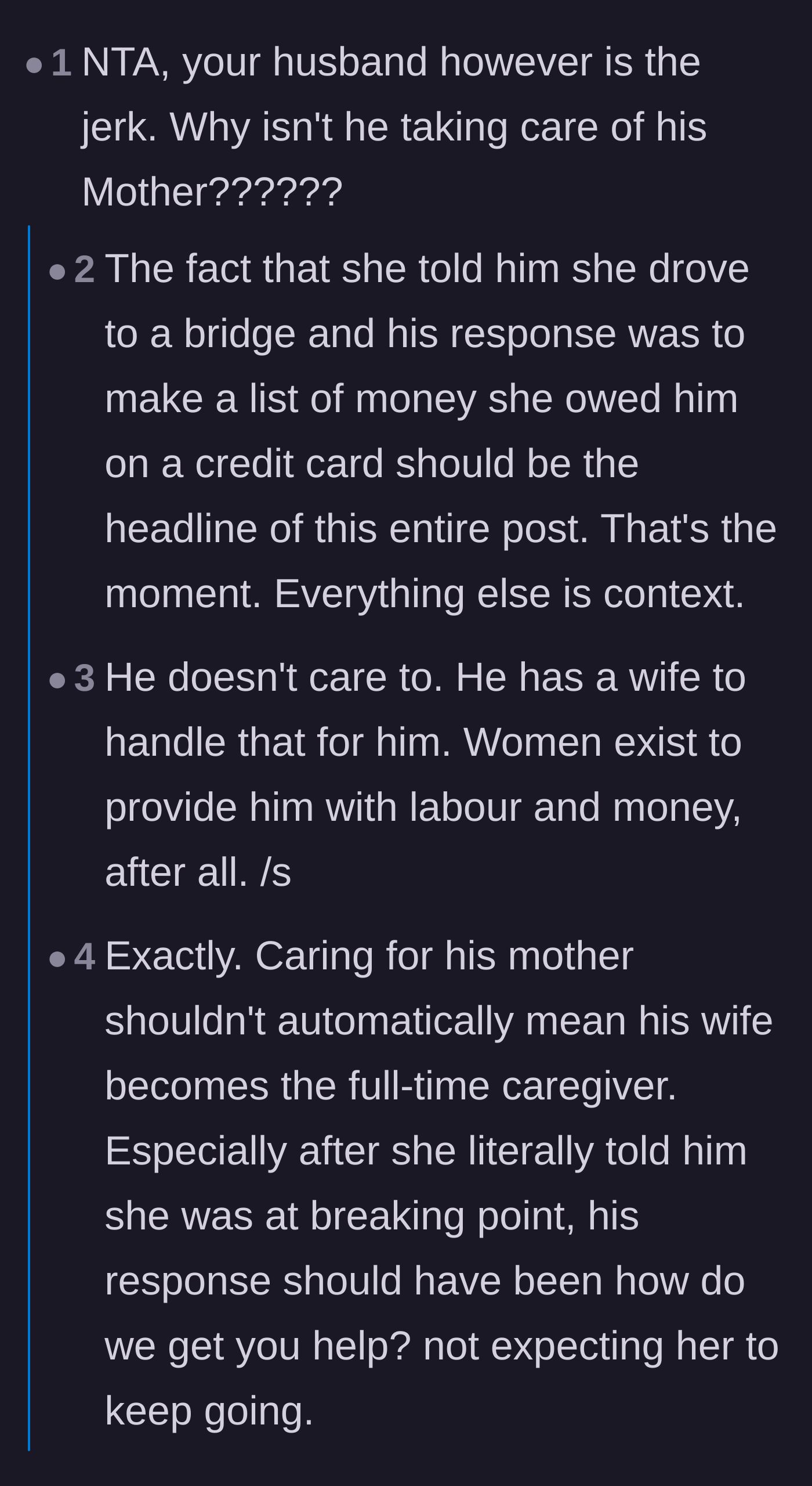 Comment thread 3 - Readers express absolute horror over the husband tallying credit card debt after his wife confessed to being suicidal.