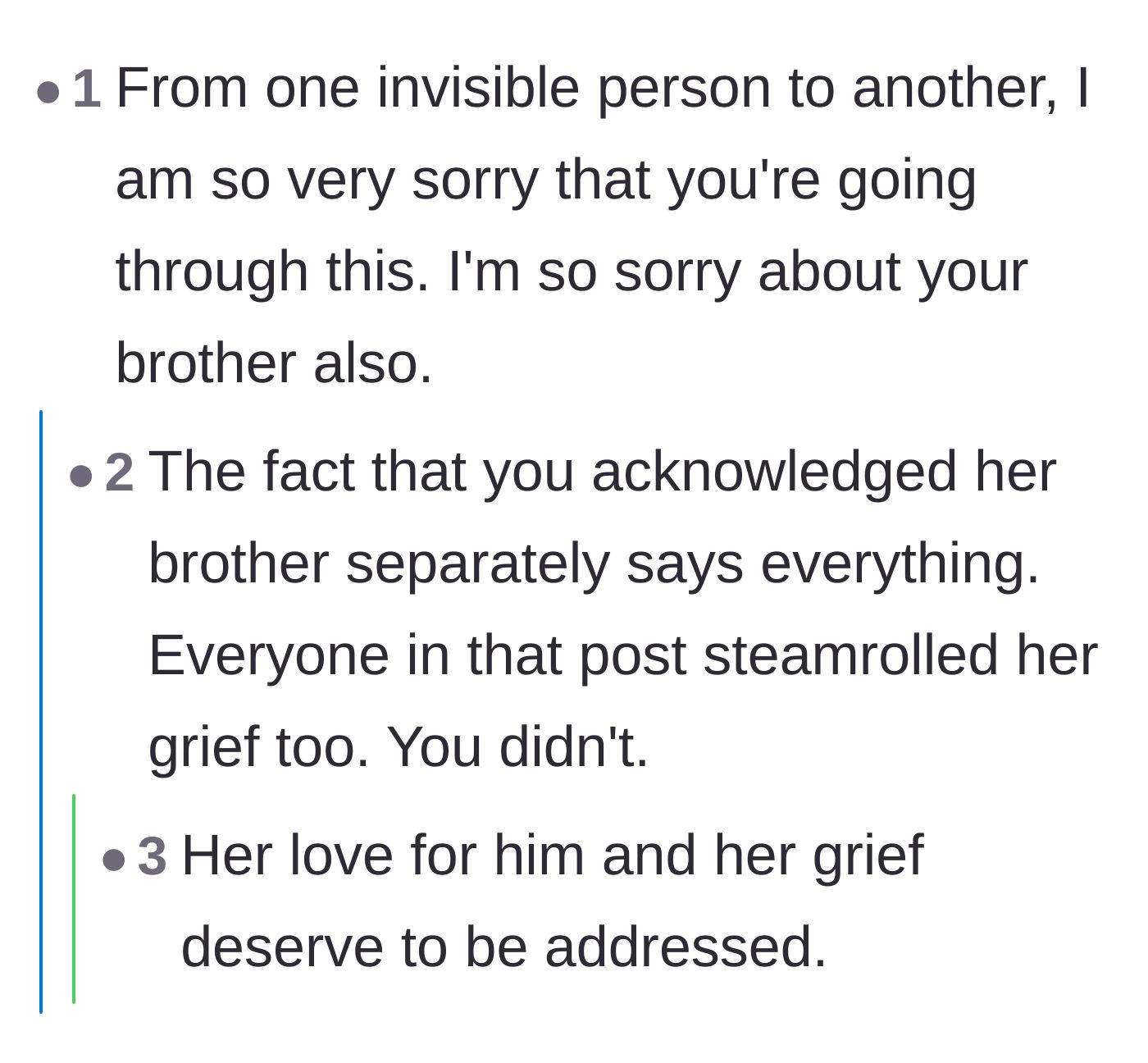 Comment thread 4 - A sweet interaction where a reader validates the author's grief for her brother, which her husband's family ignored.