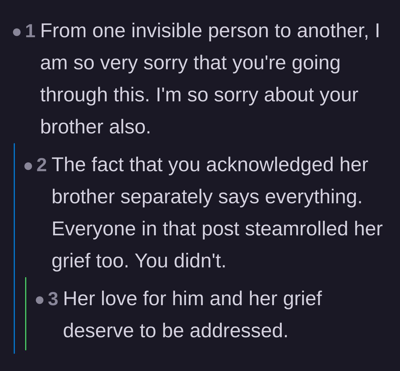 Comment thread 4 - A sweet interaction where a reader validates the author's grief for her brother, which her husband's family ignored.
