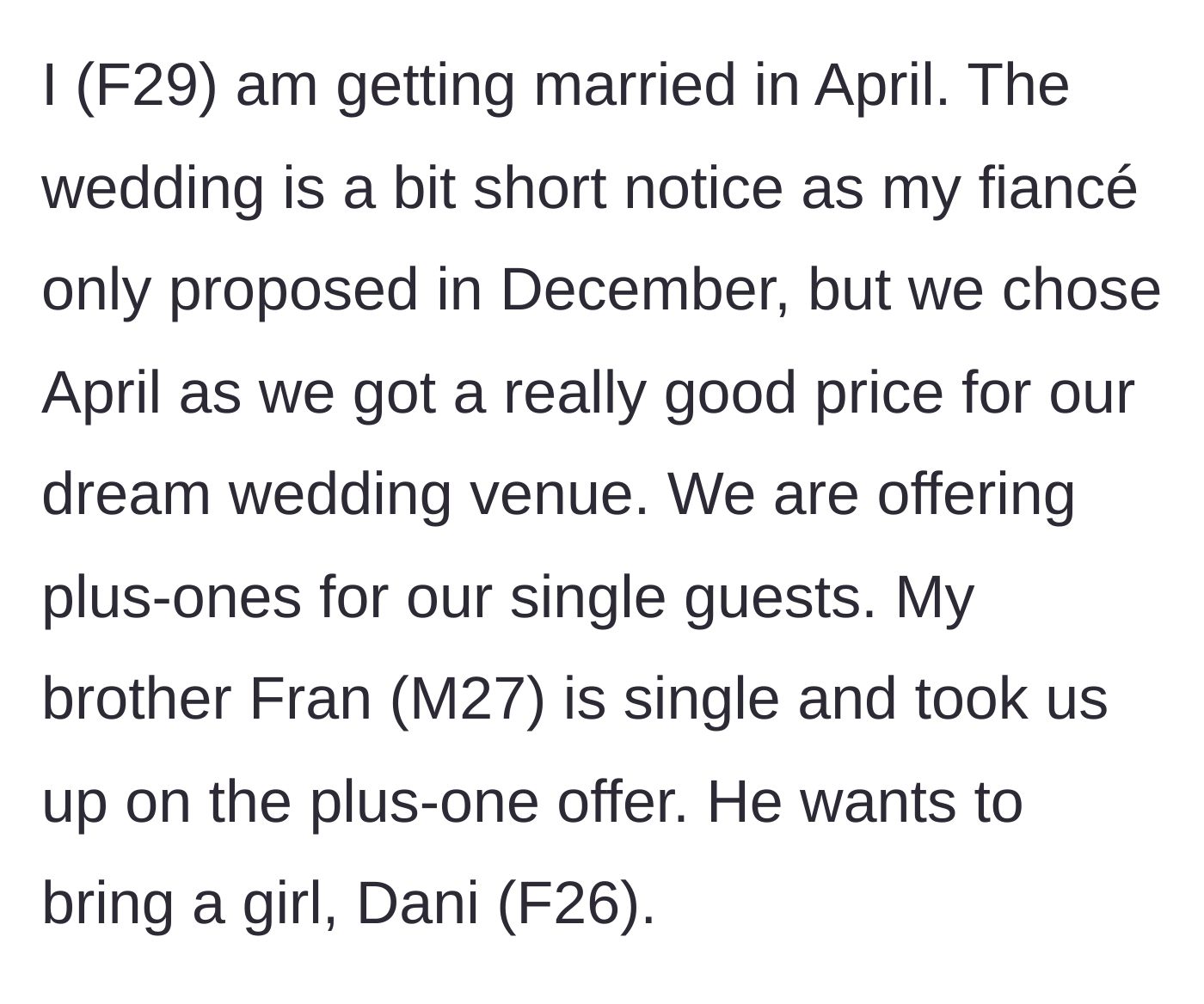 Story part 1 - Bride planning her fast-approaching April wedding and dealing with brother's plus-one request