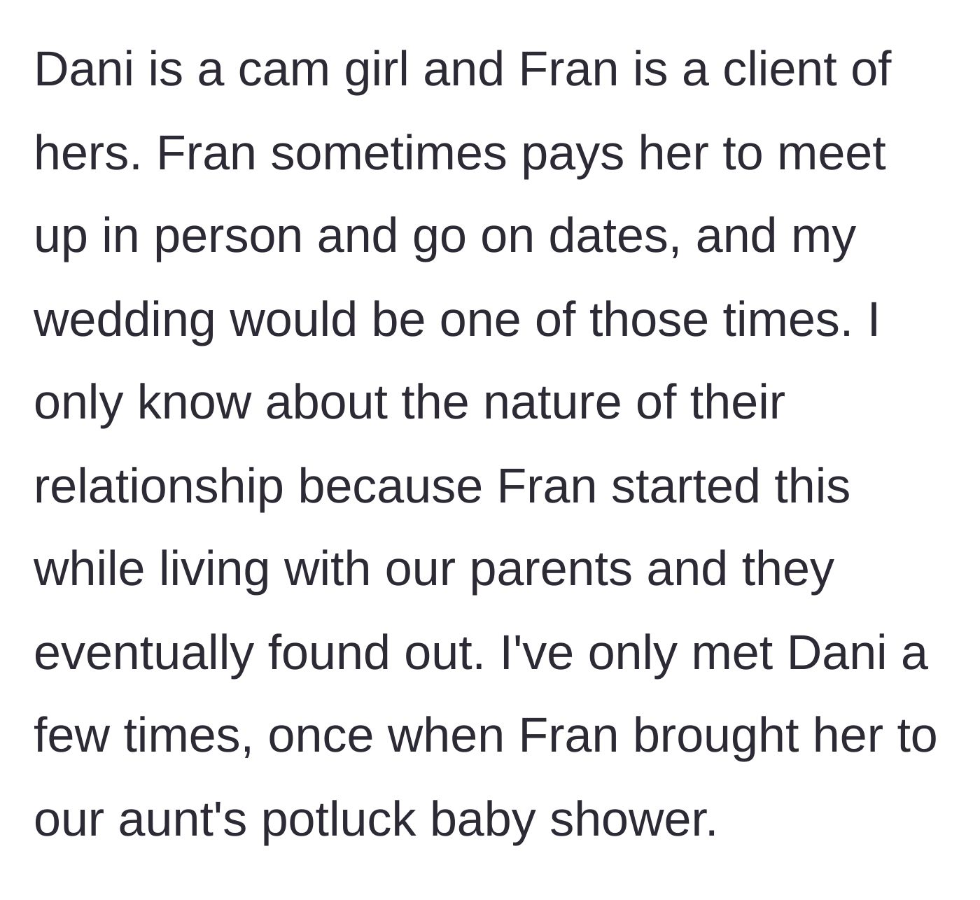 Story part 2 - Revealing the transactional nature of the brother's relationship with his hired date