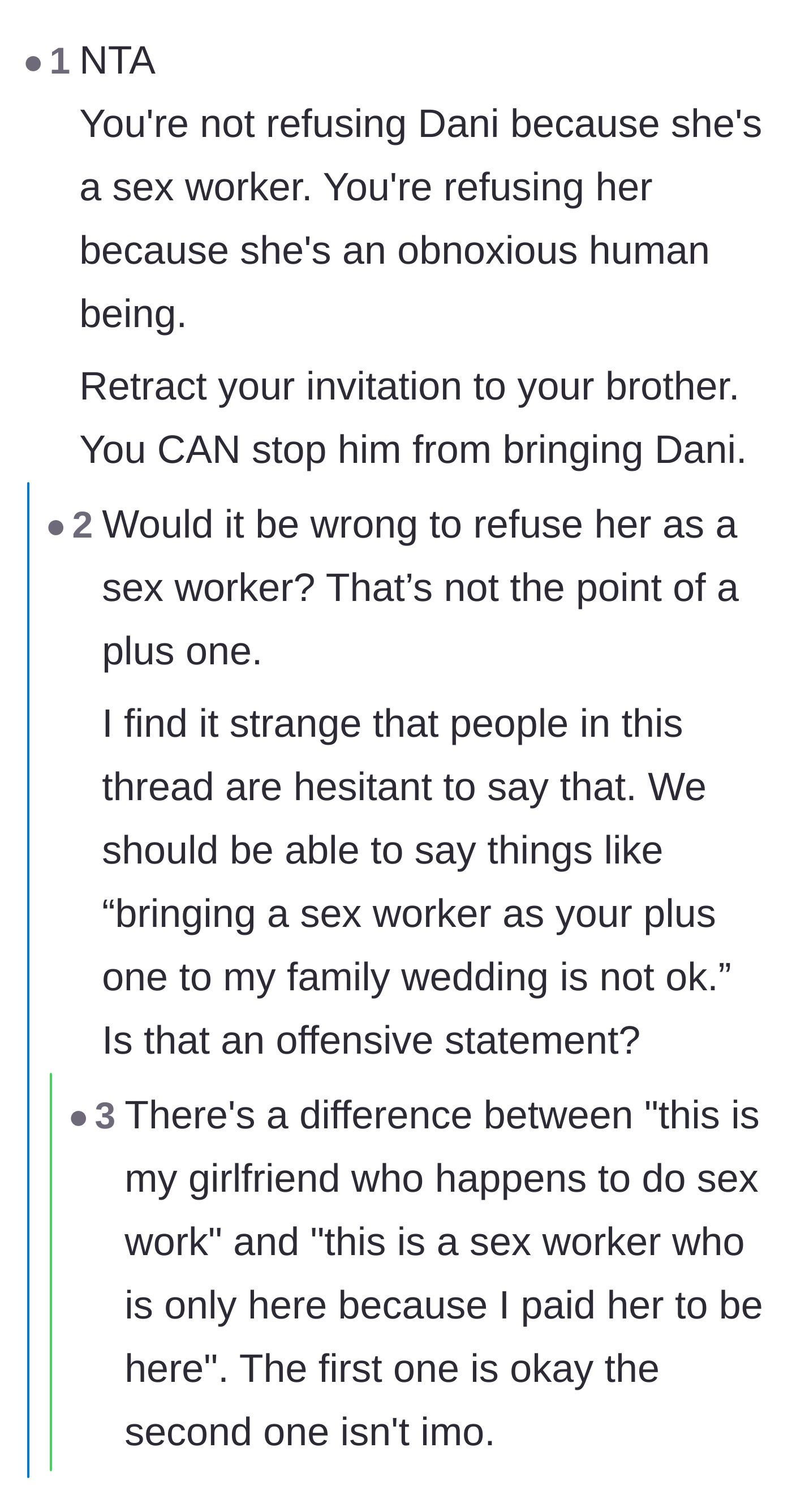 Comment thread 3 - Commenters calling out people for being afraid to state that bringing a hired sex worker to a family wedding is completely unacceptable