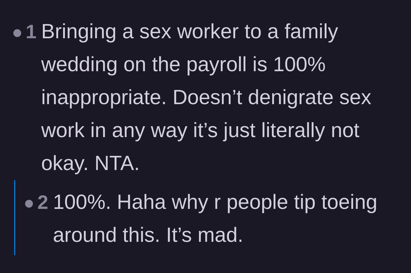 Comment thread 6 - Agreement that bringing a worker on the payroll to an intimate family event is inherently inappropriate