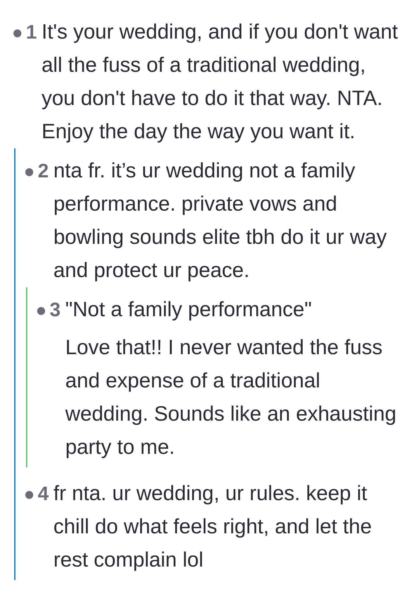 Comment thread 1 - Readers agreeing that a wedding isn't a family performance and loving the bowling idea.