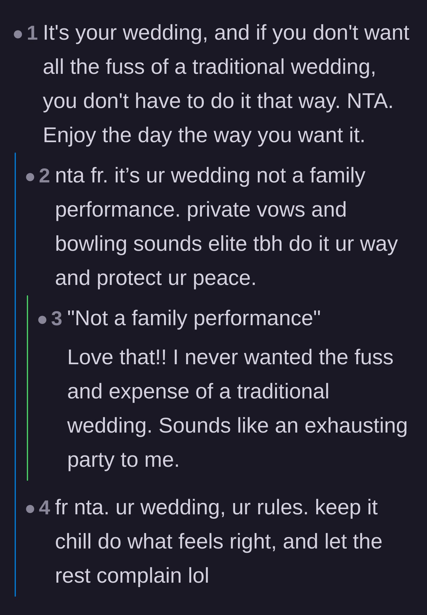Comment thread 1 - Readers agreeing that a wedding isn't a family performance and loving the bowling idea.