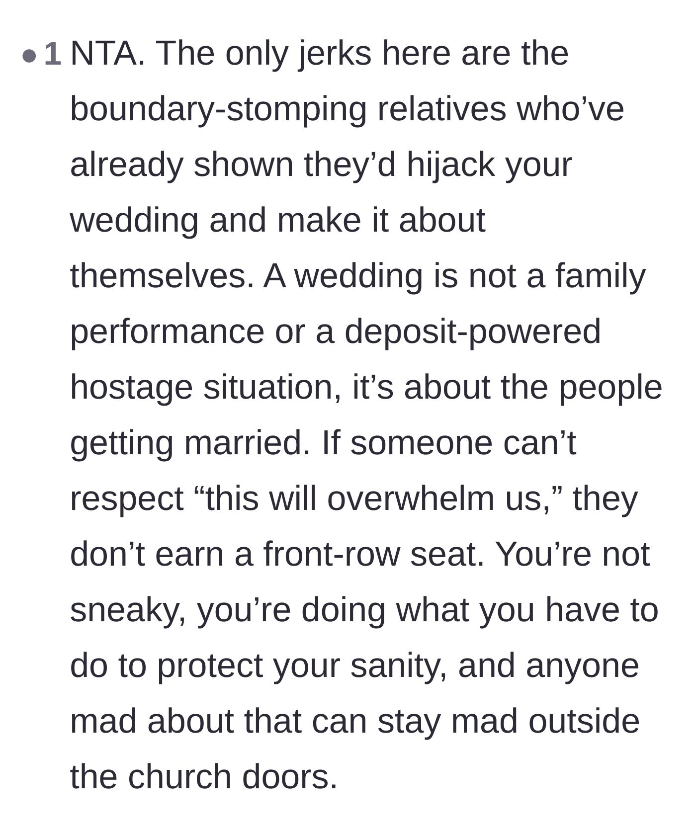 Comment thread 5 - A user pointing out that a wedding shouldn't be a hostage situation funded by a venue deposit.