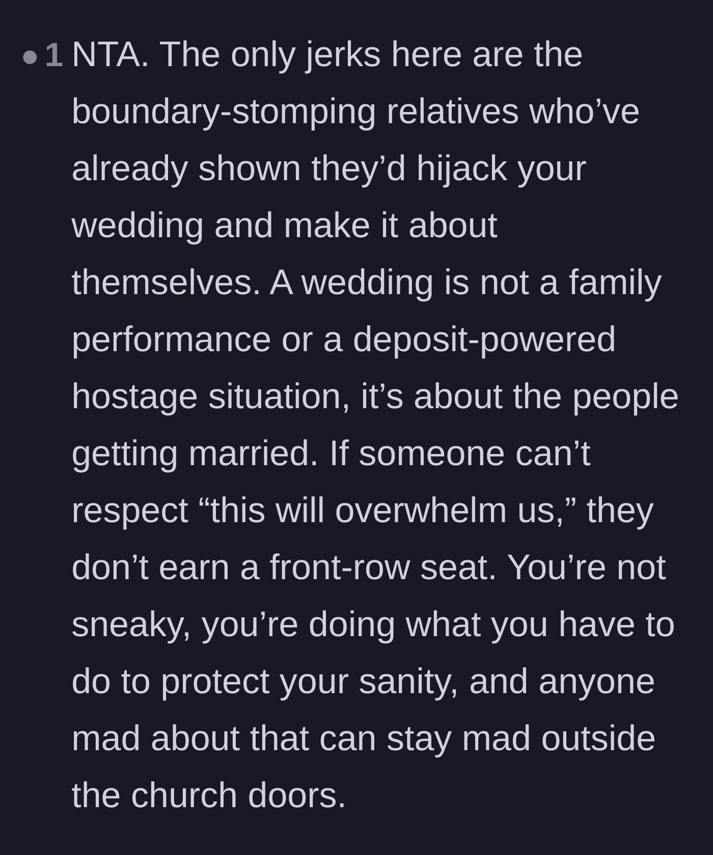 Comment thread 5 - A user pointing out that a wedding shouldn't be a hostage situation funded by a venue deposit.