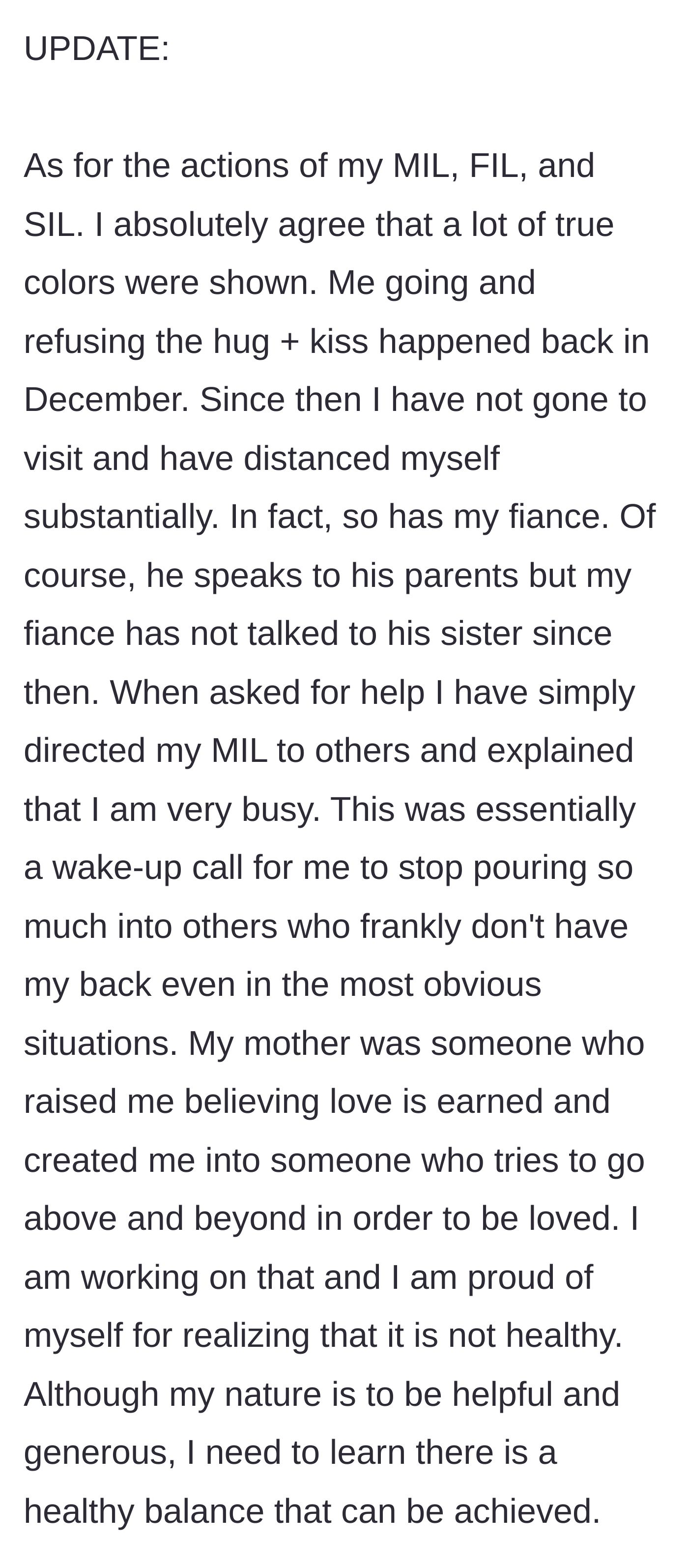 Story part 1 - The main character explaining how she and her fiancé distanced themselves from his unsupportive parents after a holiday incident, and her journey of unlearning childhood trauma.