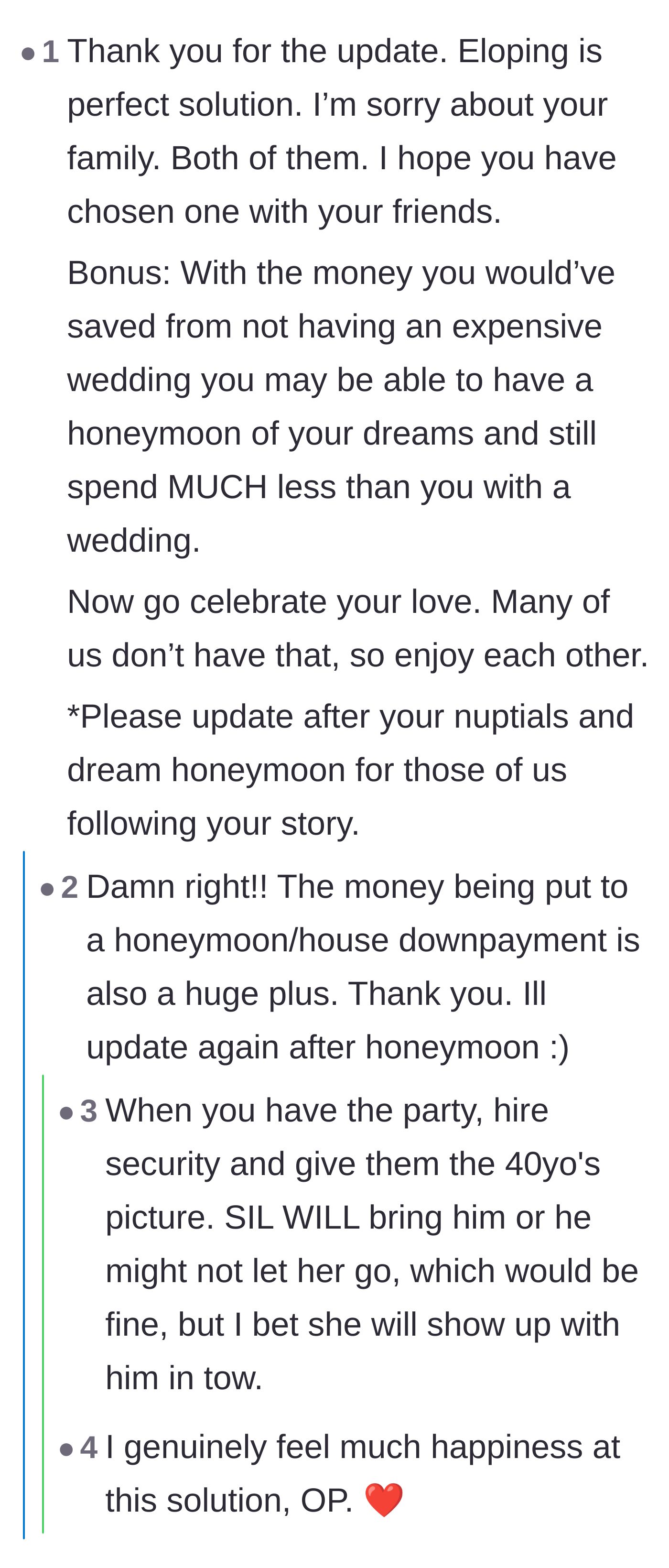 Comment thread 2 - A conversation praising the financial benefits of an elopement, plus a stern warning to hire security for the reception.