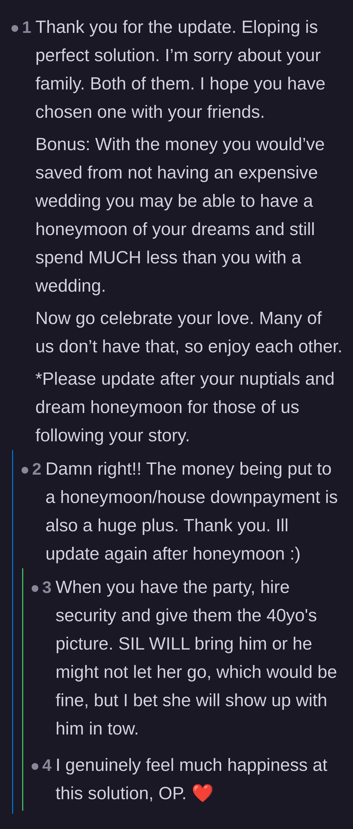 Comment thread 2 - A conversation praising the financial benefits of an elopement, plus a stern warning to hire security for the reception.