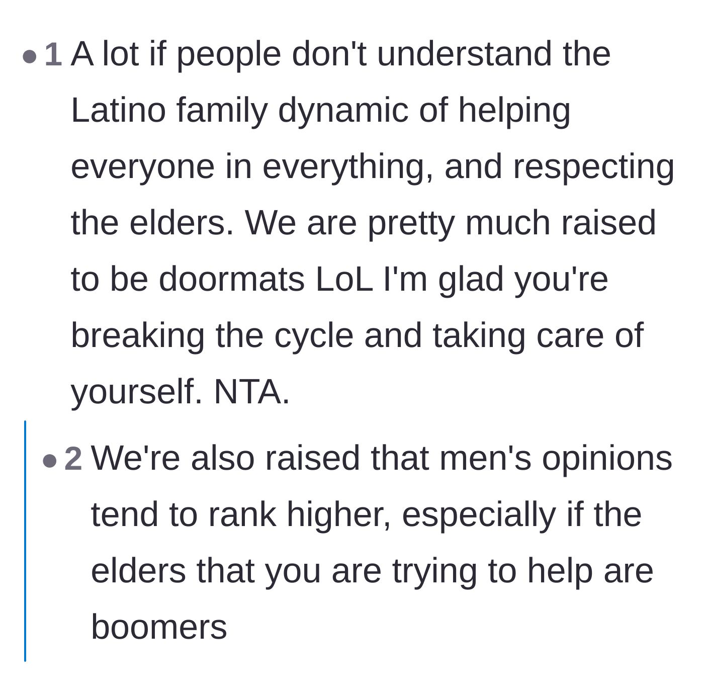 Comment thread 3 - Readers discussing cultural family dynamics and the difficulty of breaking generational cycles of people-pleasing.