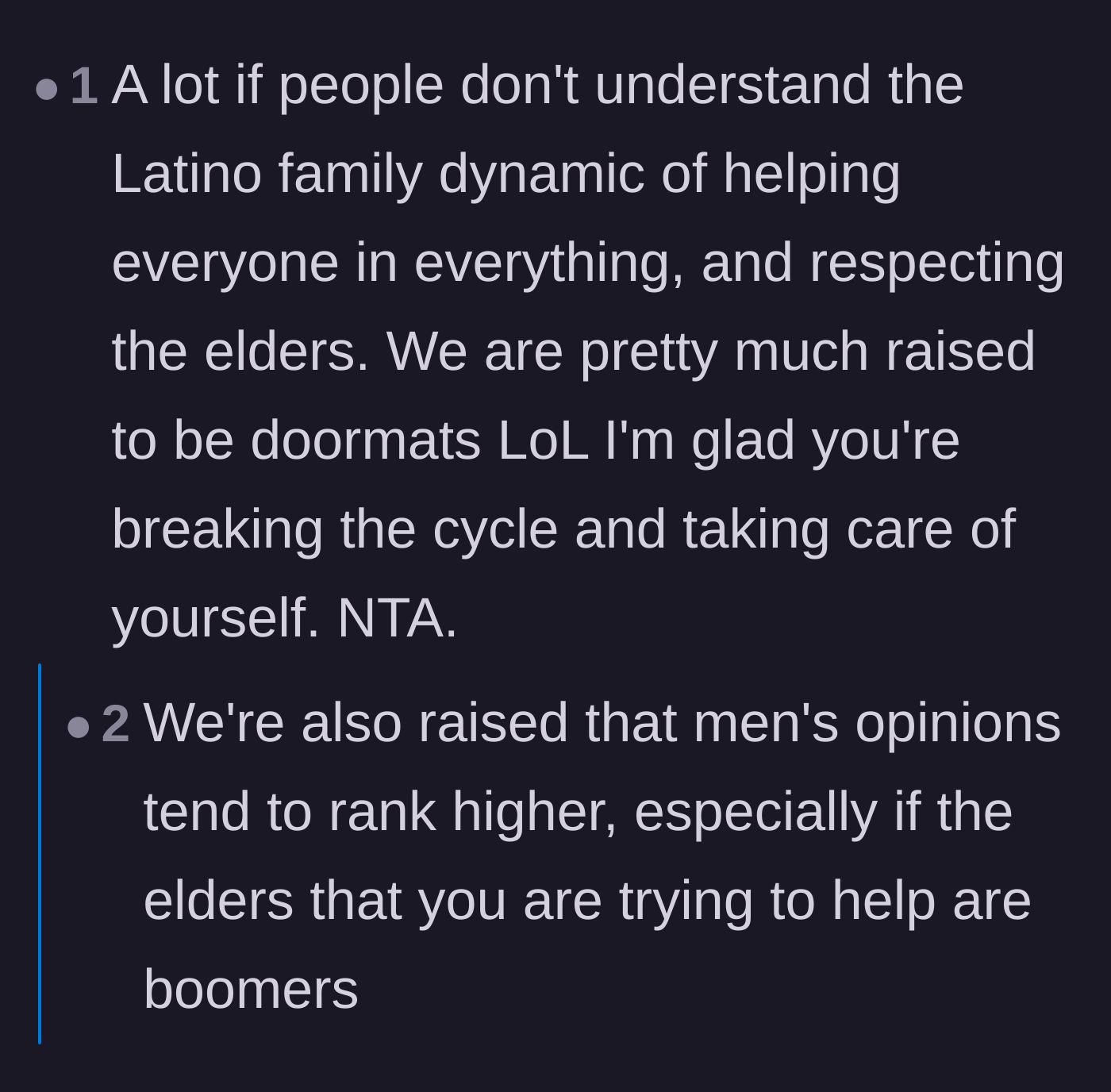 Comment thread 3 - Readers discussing cultural family dynamics and the difficulty of breaking generational cycles of people-pleasing.