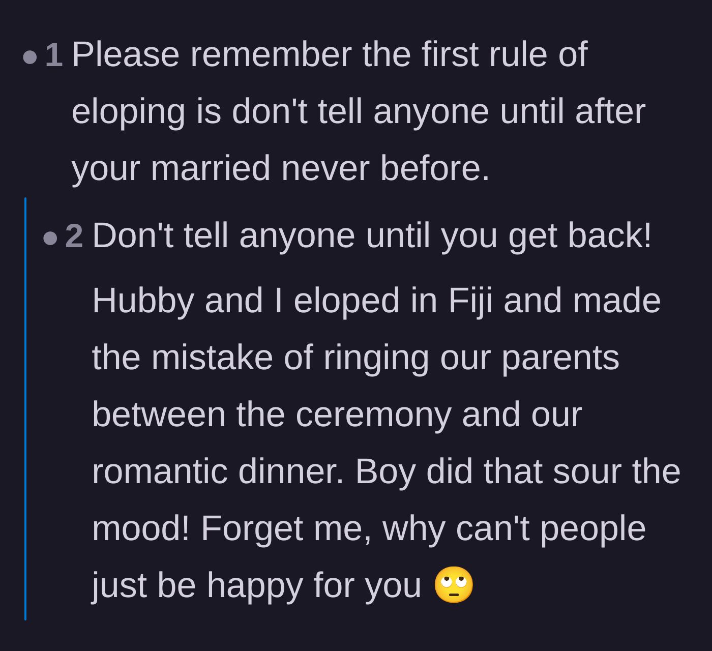 Comment thread 5 - Advice on keeping an elopement a secret until after the trip, featuring a cautionary tale about angry parents ruining the mood.