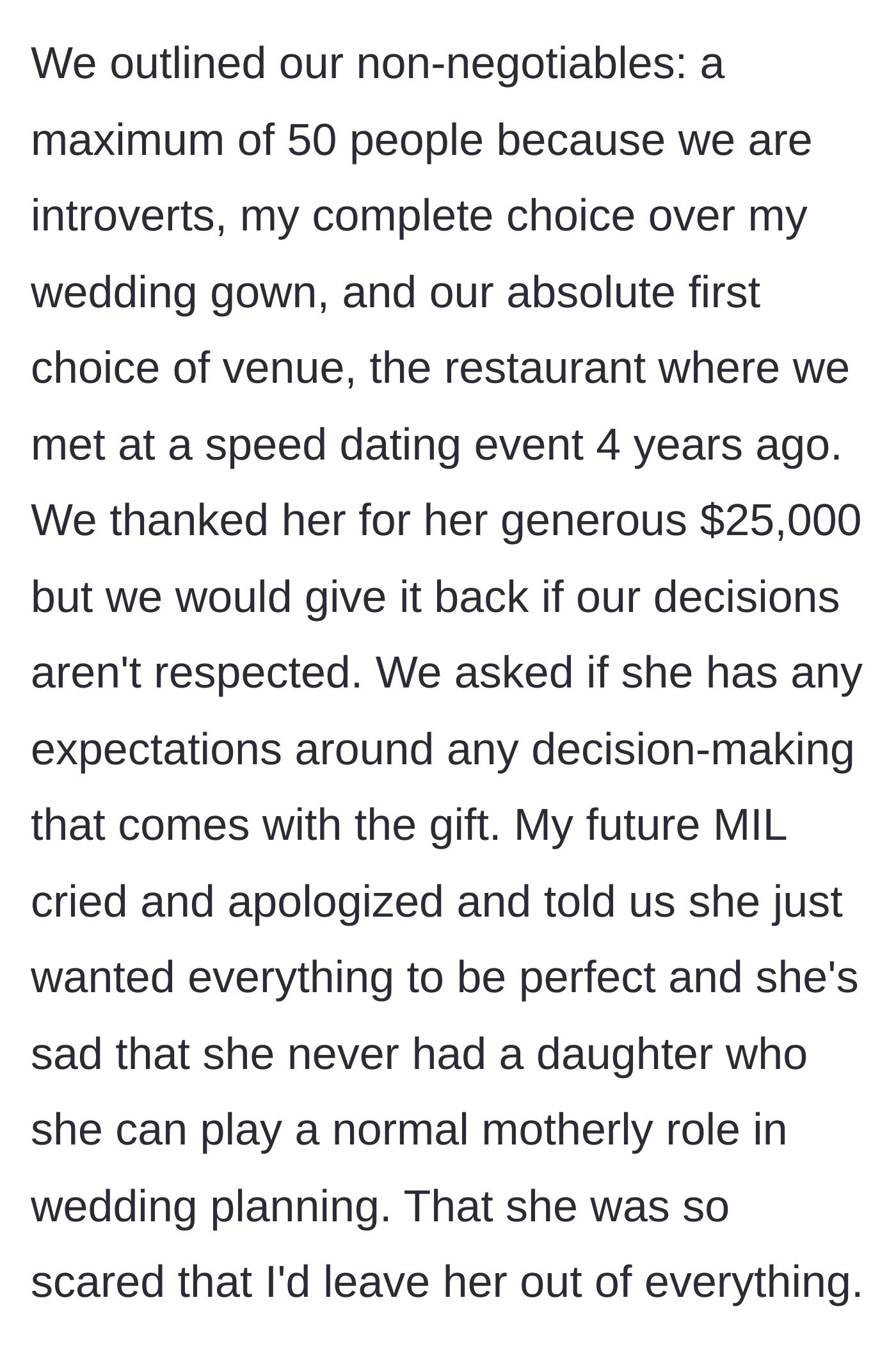 Story part 2 - The couple states their non-negotiables, causing the mother-in-law to cry and play the victim.