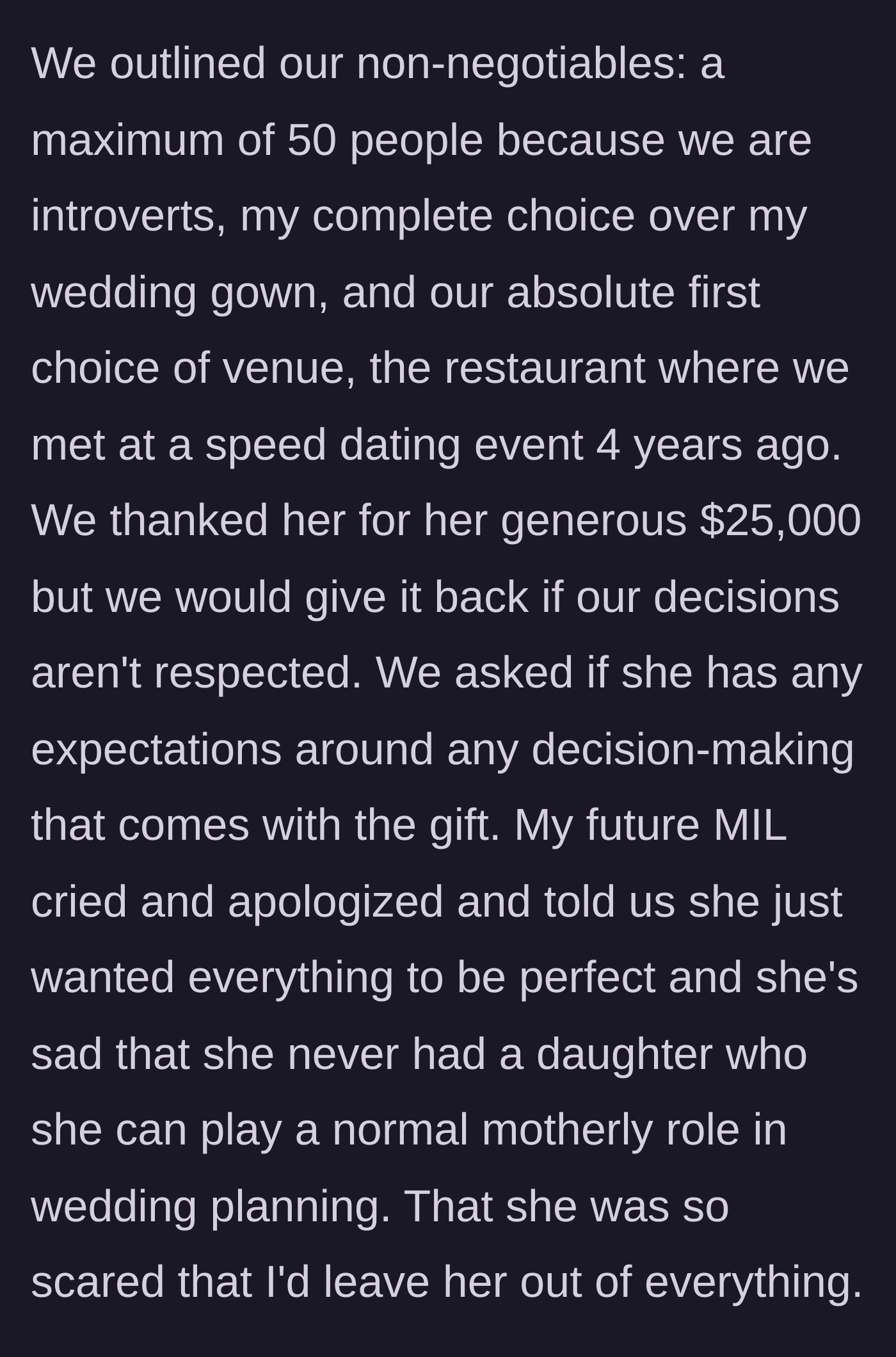Story part 2 - The couple states their non-negotiables, causing the mother-in-law to cry and play the victim.