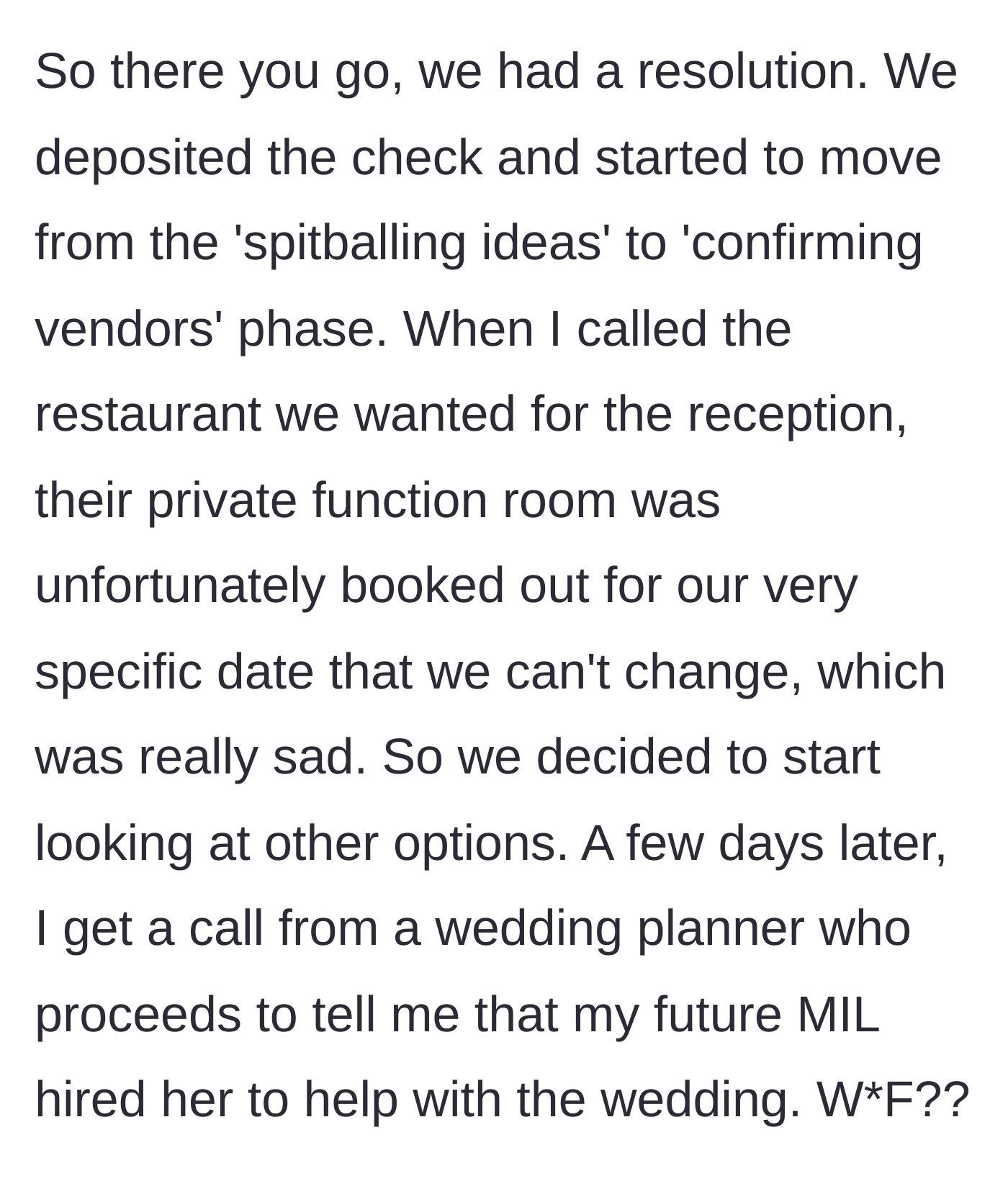 Story part 3 - The couple cashes the check but mysteriously loses their dream venue, while the mother-in-law hires a planner.