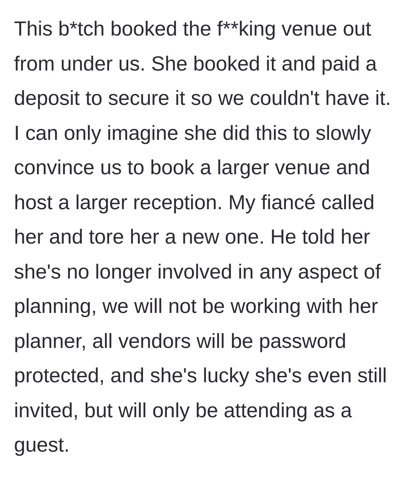Story part 6 - The mother discovers the mother-in-law secretly booked the couple's dream venue to force them elsewhere.