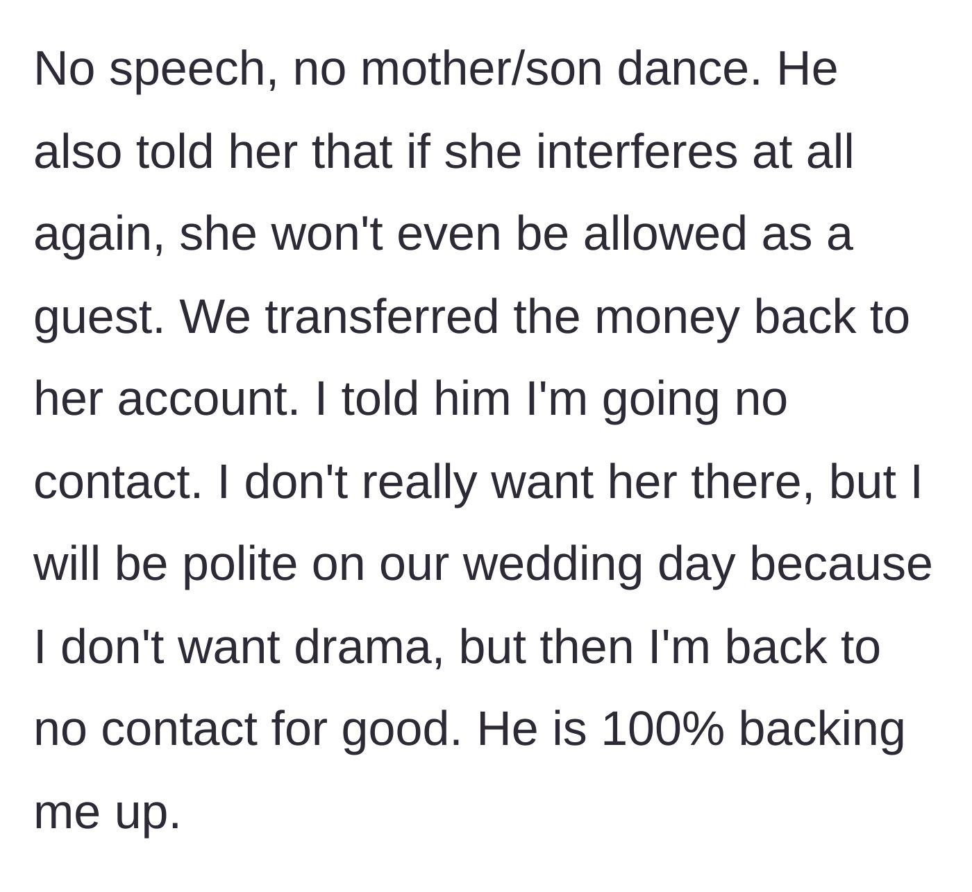 Story part 7 - The couple returns the money, locks down all vendors, and the bride goes strict no-contact.