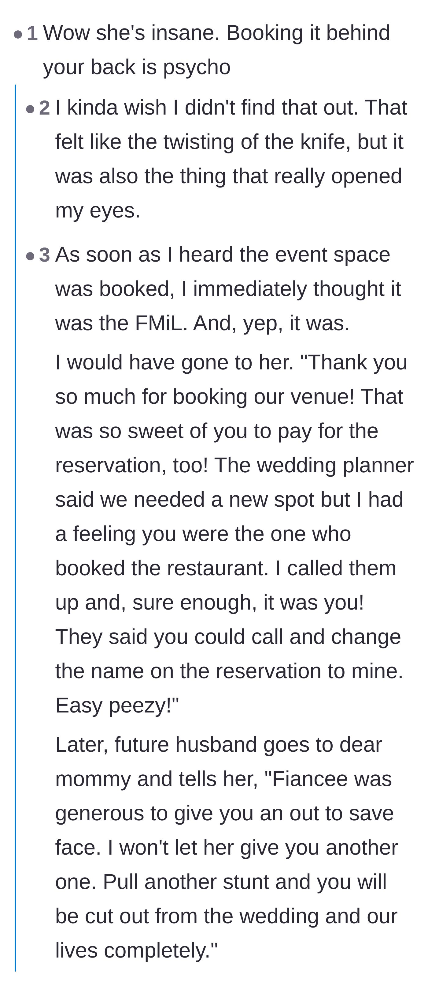 Comment thread 1 - Readers dissect the mother-in-law's unhinged sabotage and beg the couple to force her to hand over the venue reservation.