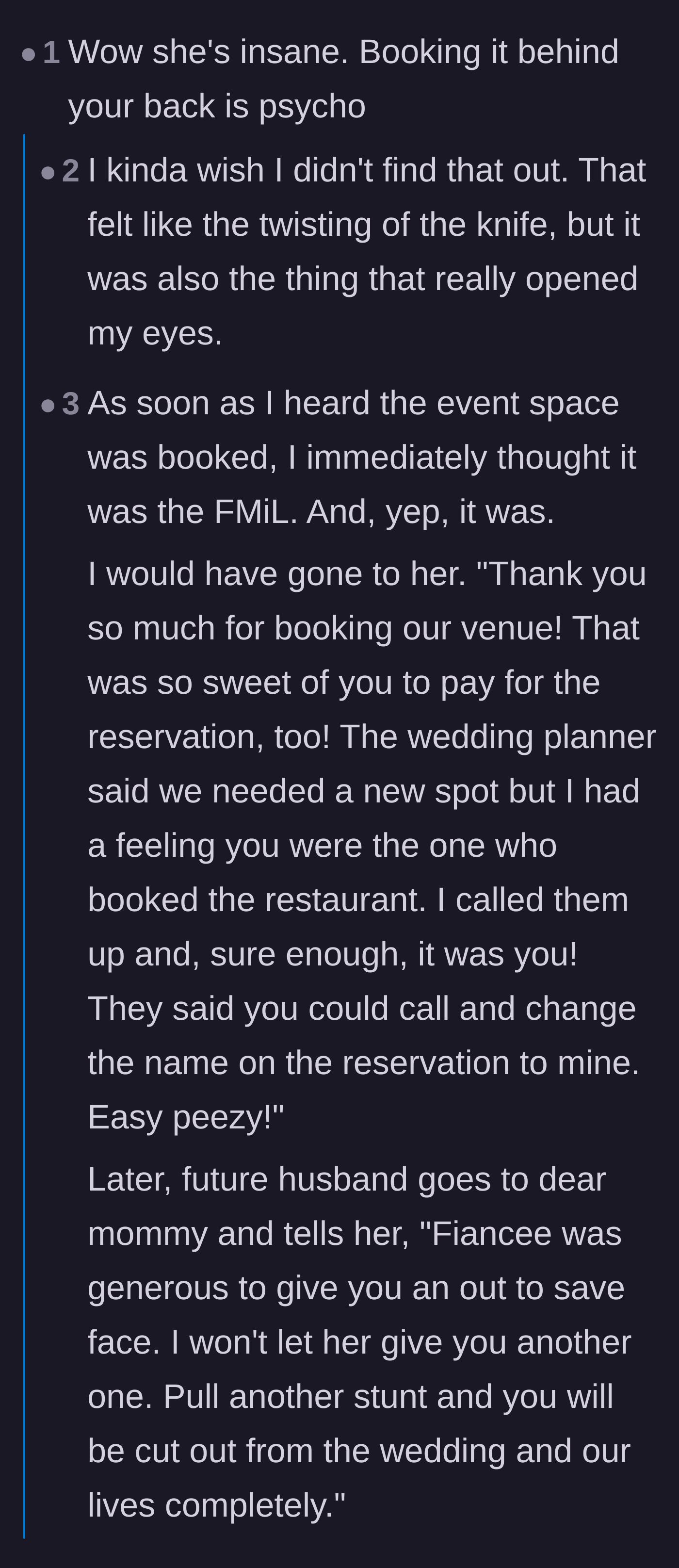 Comment thread 1 - Readers dissect the mother-in-law's unhinged sabotage and beg the couple to force her to hand over the venue reservation.