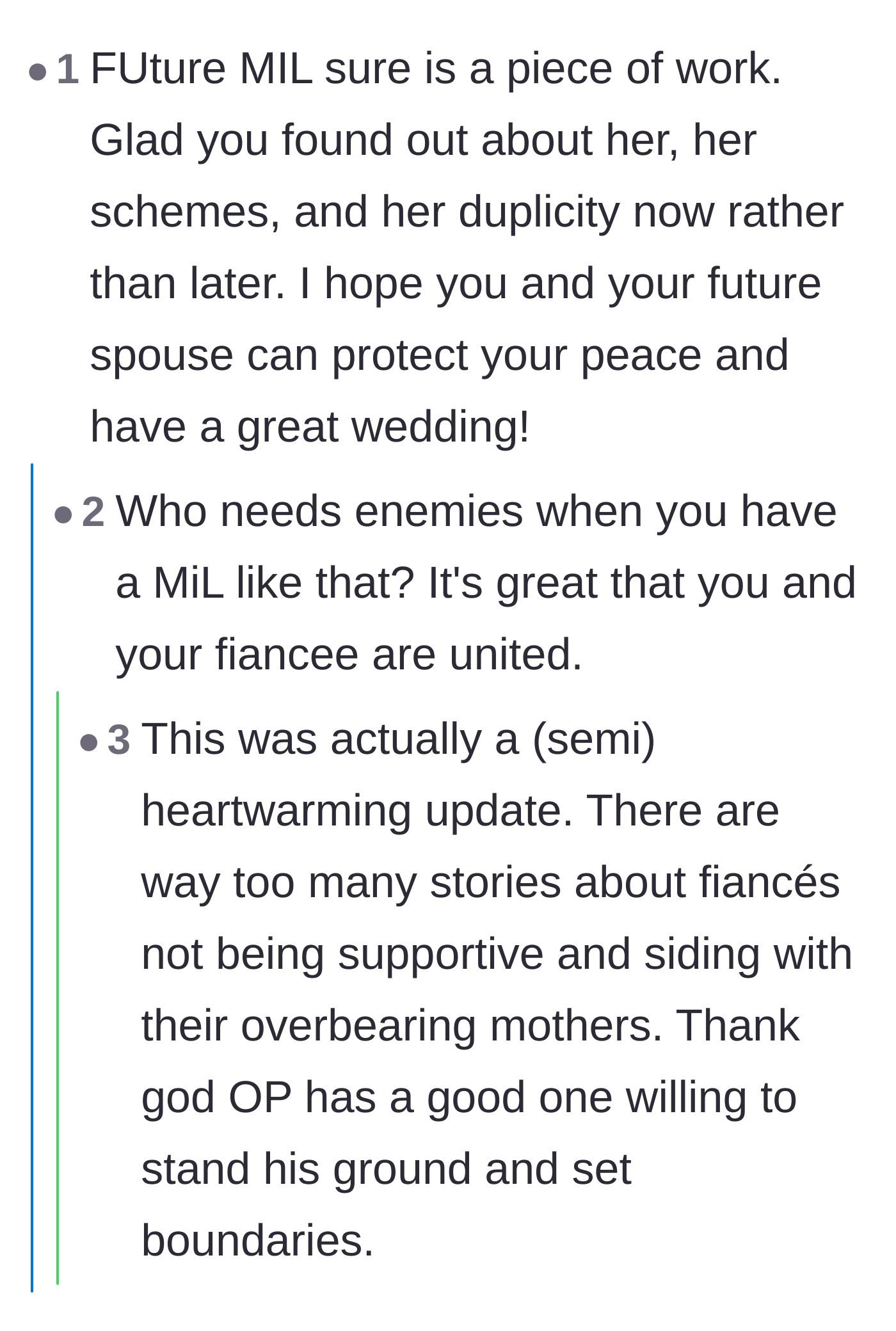 Comment thread 2 - Readers express shock and relief that the fiancé actually stood up to his mother to protect his bride.