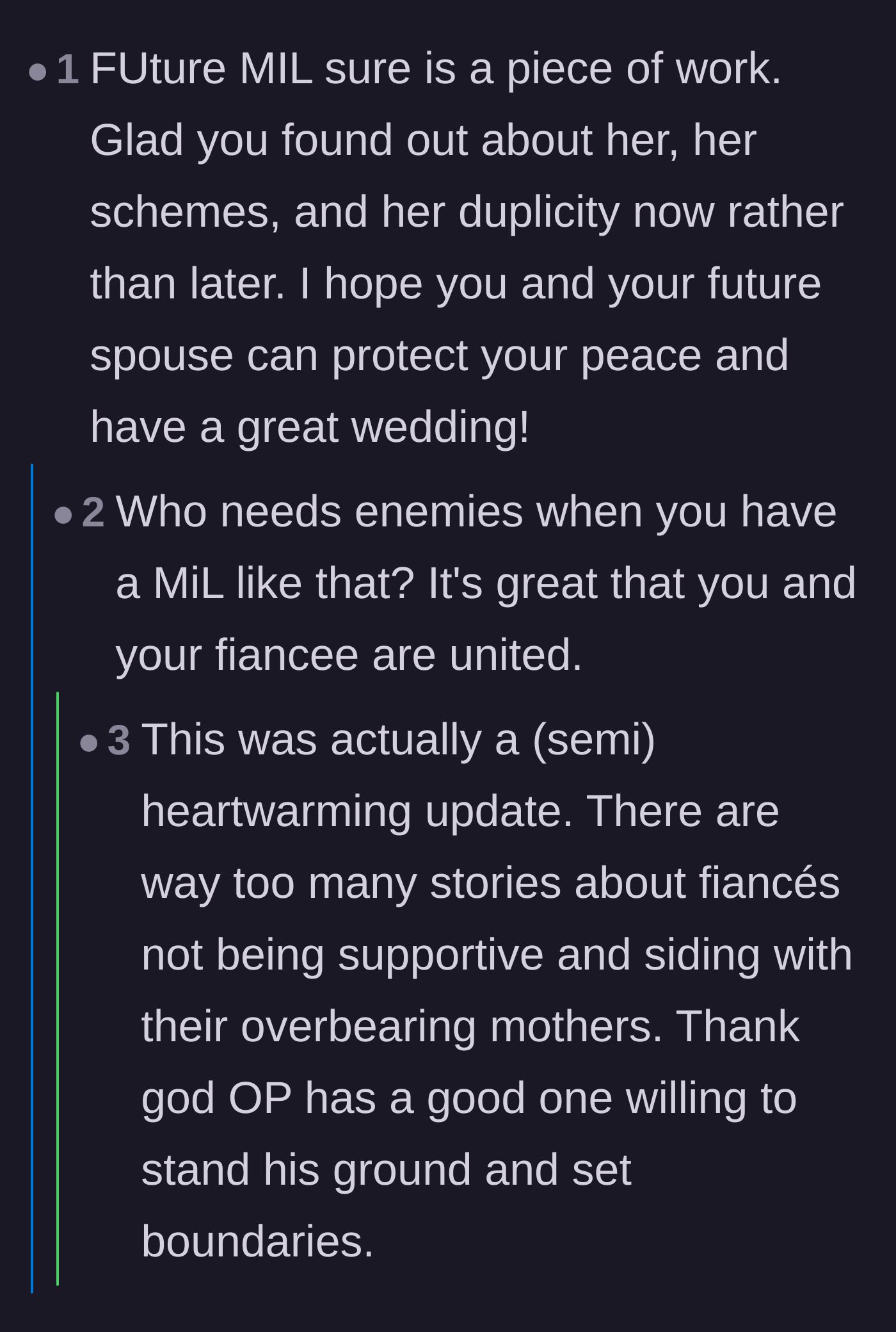 Comment thread 2 - Readers express shock and relief that the fiancé actually stood up to his mother to protect his bride.
