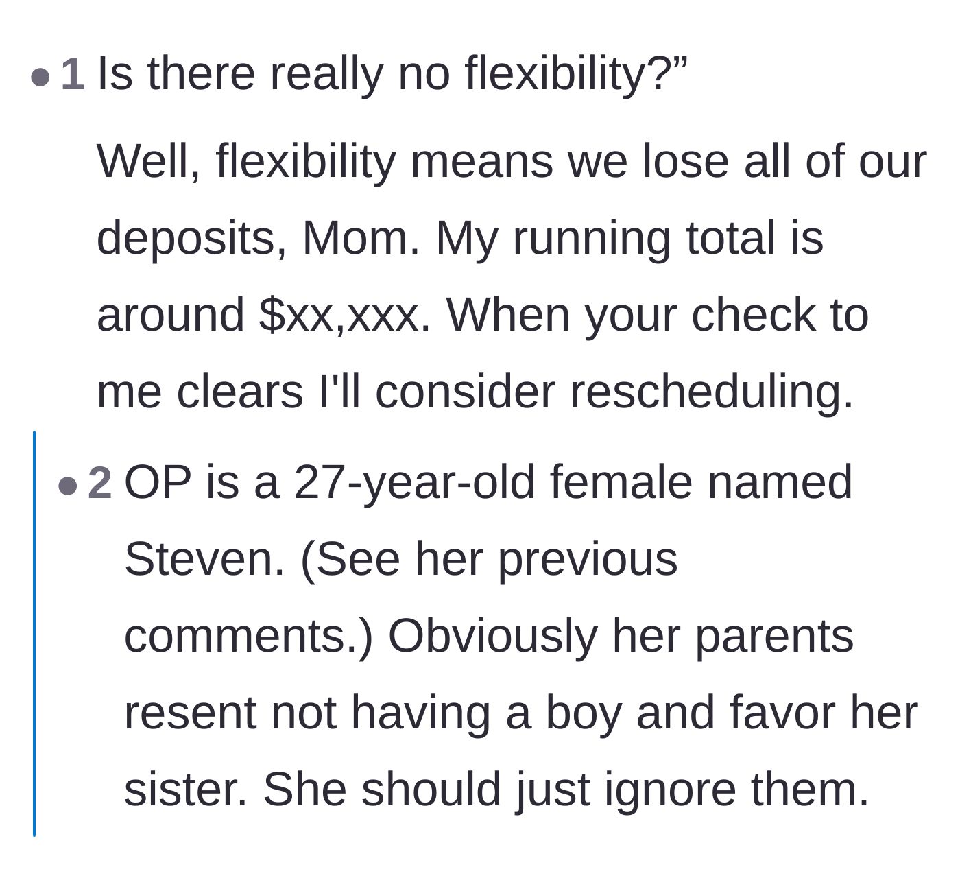 Comment thread 1 - Advice on charging the mother for the lost wedding deposits and reversing the sister's selfish logic.