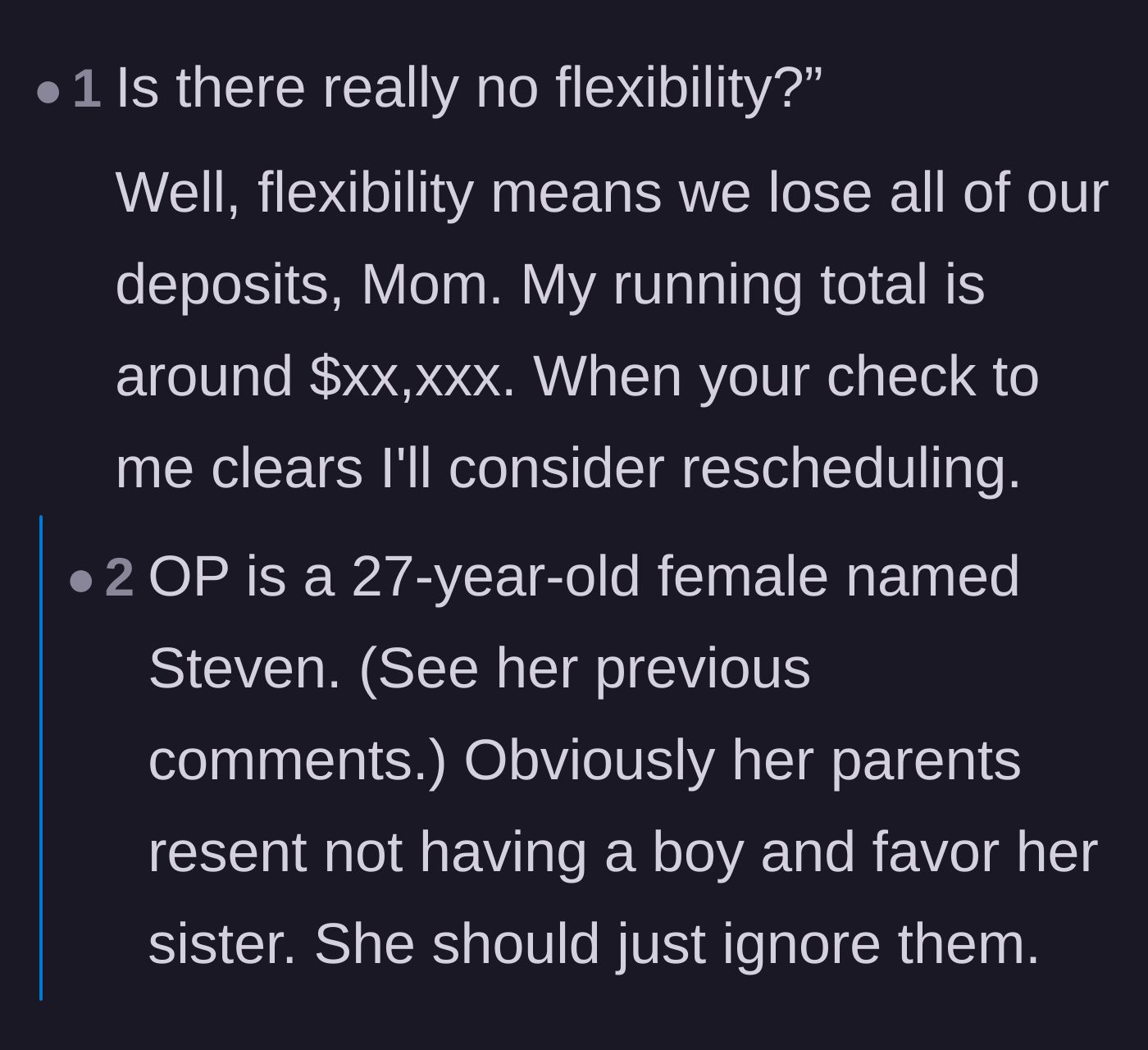 Comment thread 1 - Advice on charging the mother for the lost wedding deposits and reversing the sister's selfish logic.